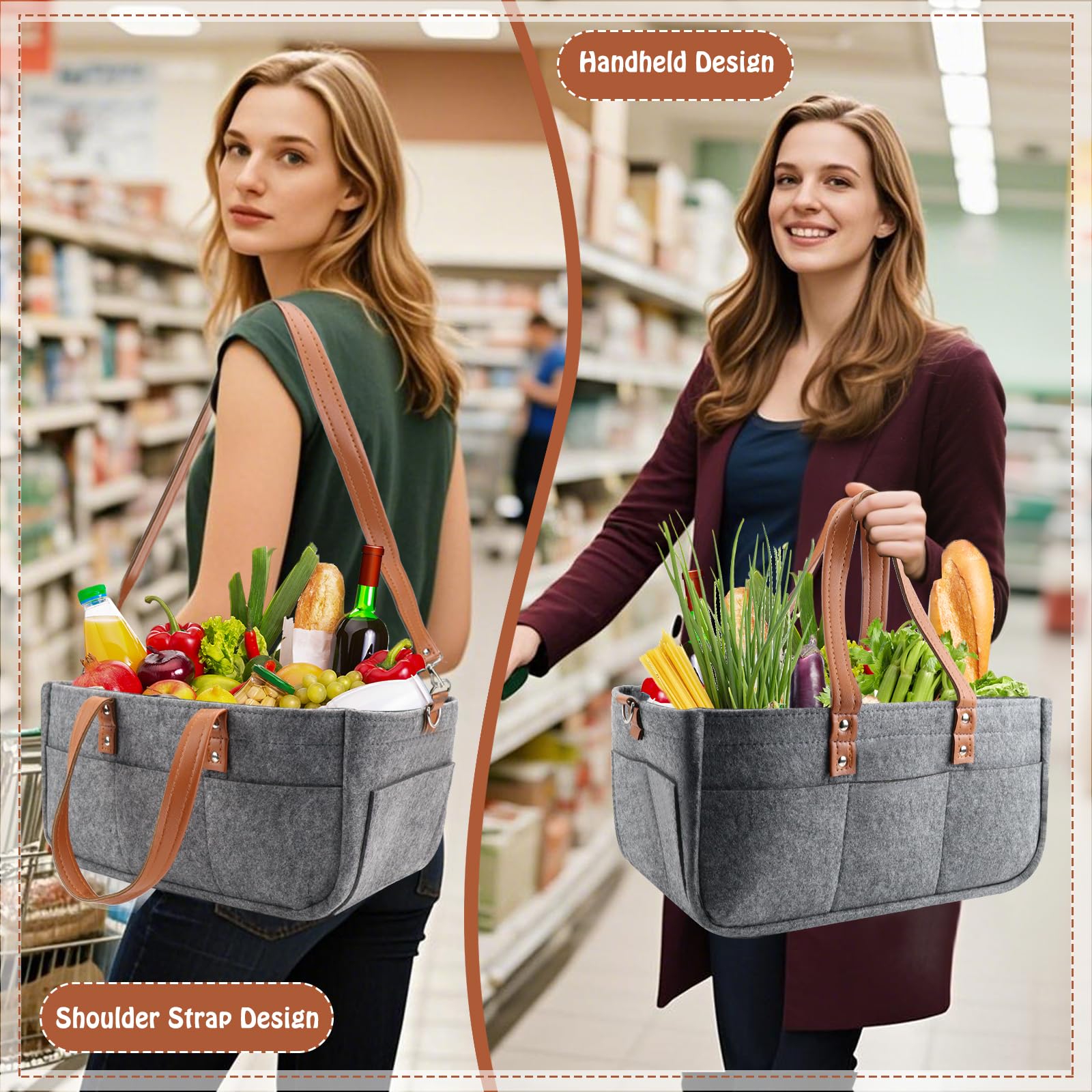 Bolsa de fieltro grande, 38 x 23 x 18 cm, bolsa de fieltro con compartimentos extraíbles, para viajes al aire libre, picnic, compras, almacenamiento (gris)
