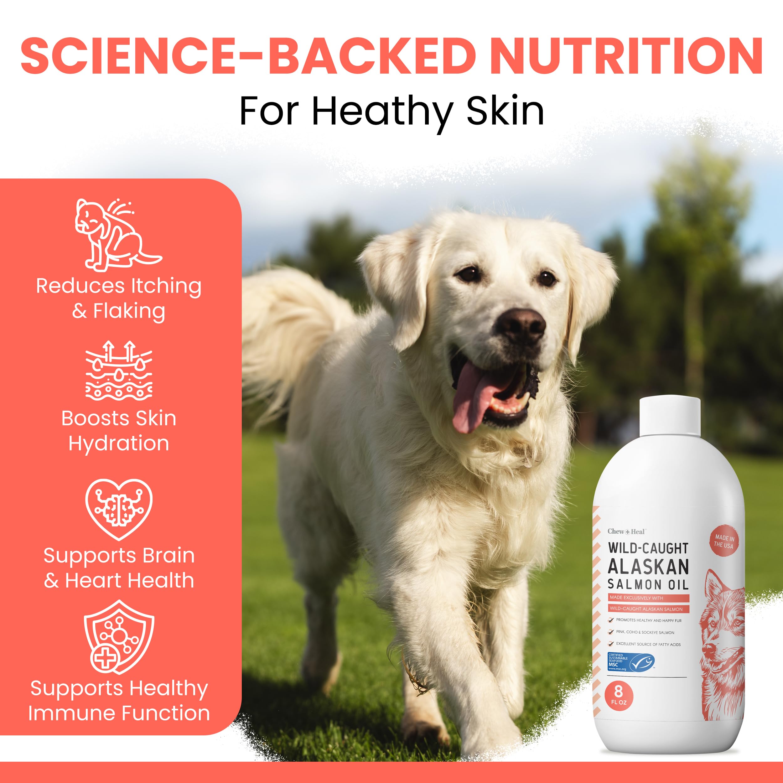 Alaskan Salmon Oil for Dogs and Cats 8oz - Fish Oil Omega 3 EPA & DHA for Skin and Coat, Shedding, Itchy Skin and Allergies, Joint Support - Liquid with Pump, MSC Certified, Made in USA - Chew + Heal — Amazon image 3