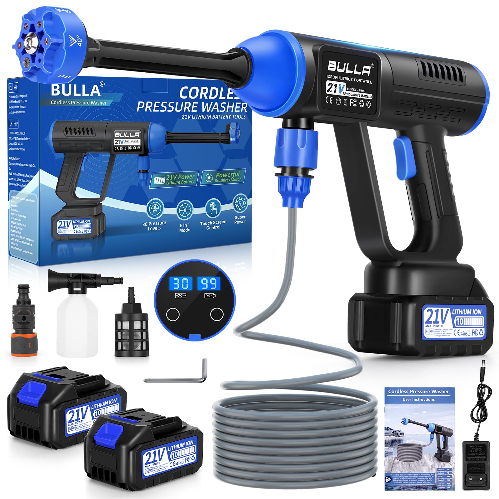 Cordless Pressure Washer, 6 in 1 Portable Power Washer with 2 Battery and 5-Meter Hose, Cordless Power Washer for Patio and Car, Floor Garden Cleaning & Watering