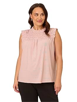 Adrianna Papell Womens Smocked Ruffle Top Blouse, Champagne