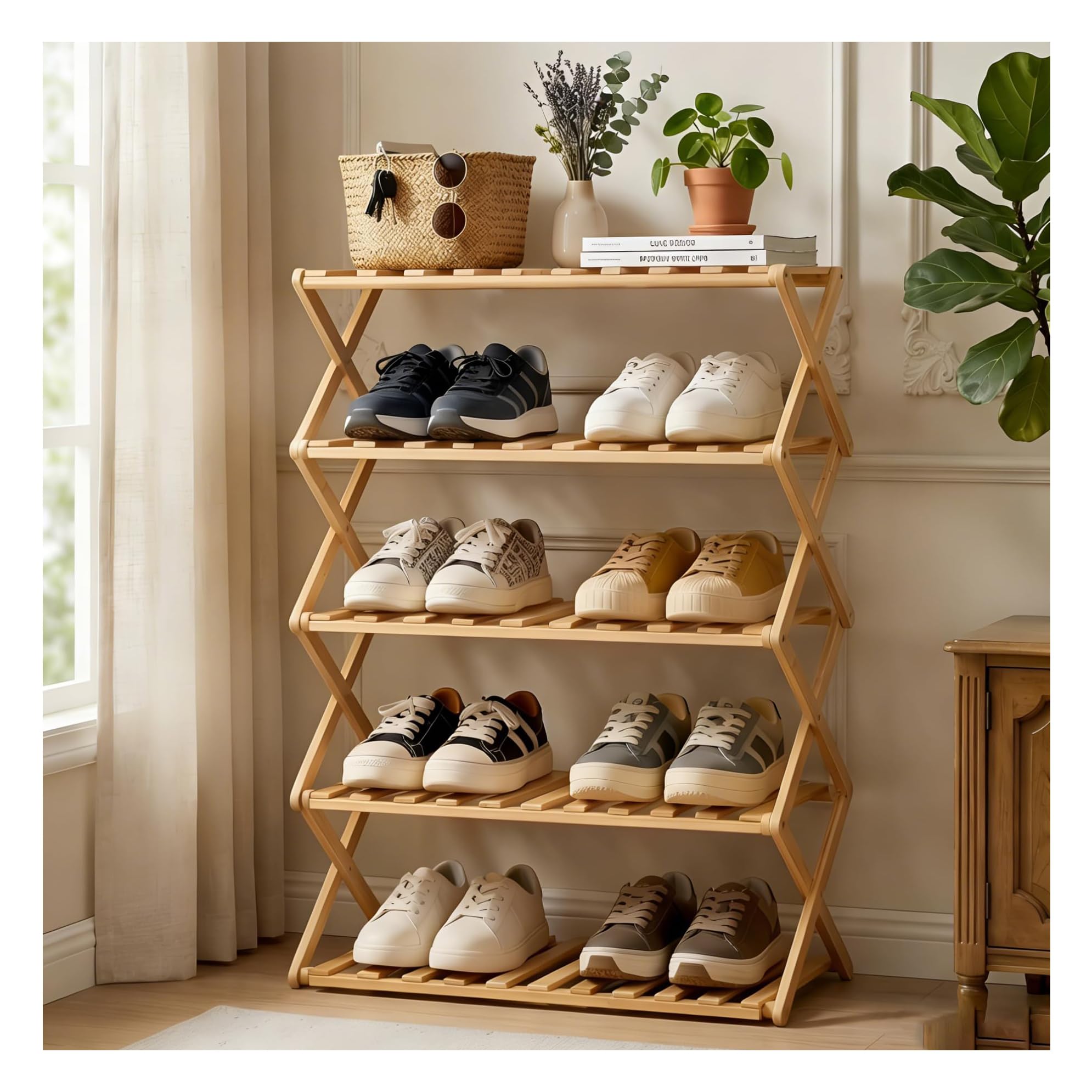 KOMTWNM Schuhregal aus Bambus mit 5 Etagen Schuhregal Faltbar Holz, Platzsparend Schuhablage, Schuh Regal für Korridore, Schlafzimmer, Wohnzimmer