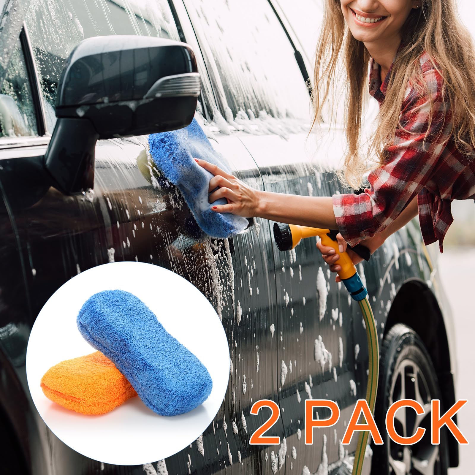 Tanlade 2 esponjas grandes de microfibra para lavado de coche, esponjas de microfibra antiarañazos para suministros de lavado de automóviles, camiones y motocicletas (azul, naranja)