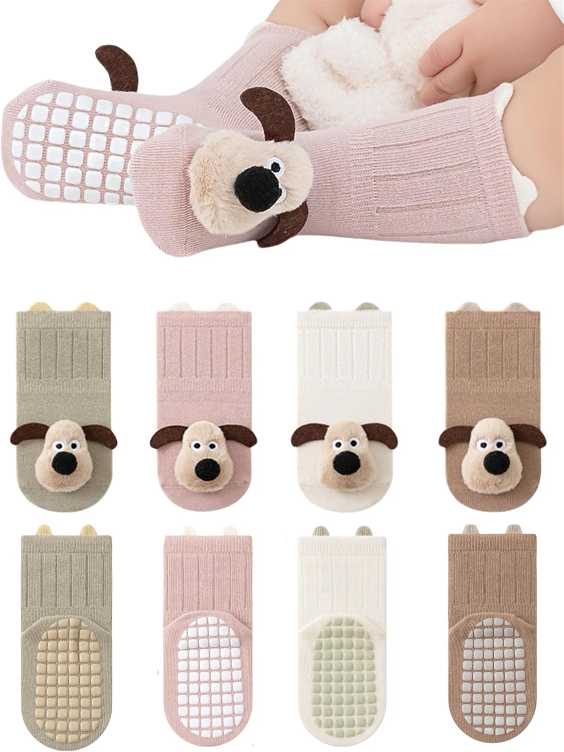 Baby Toddler Non-Skid Crew Socks, 4 Pairs, Cartoon Doll Print, Non Slip