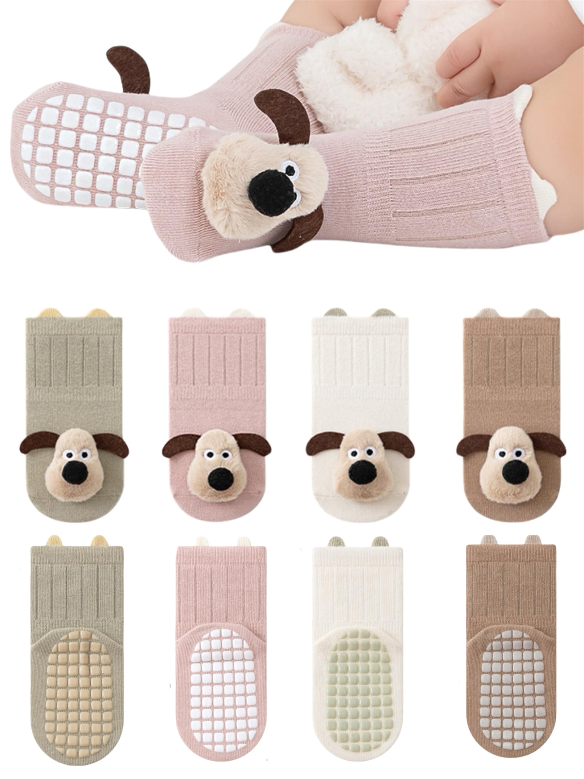 BEHELE Baby Toddler Non-Skid Crew Socks, 4 Pairs, Cartoon Doll Print, Non Slip (US, Age, 1 Year, 3 Years, Style1)