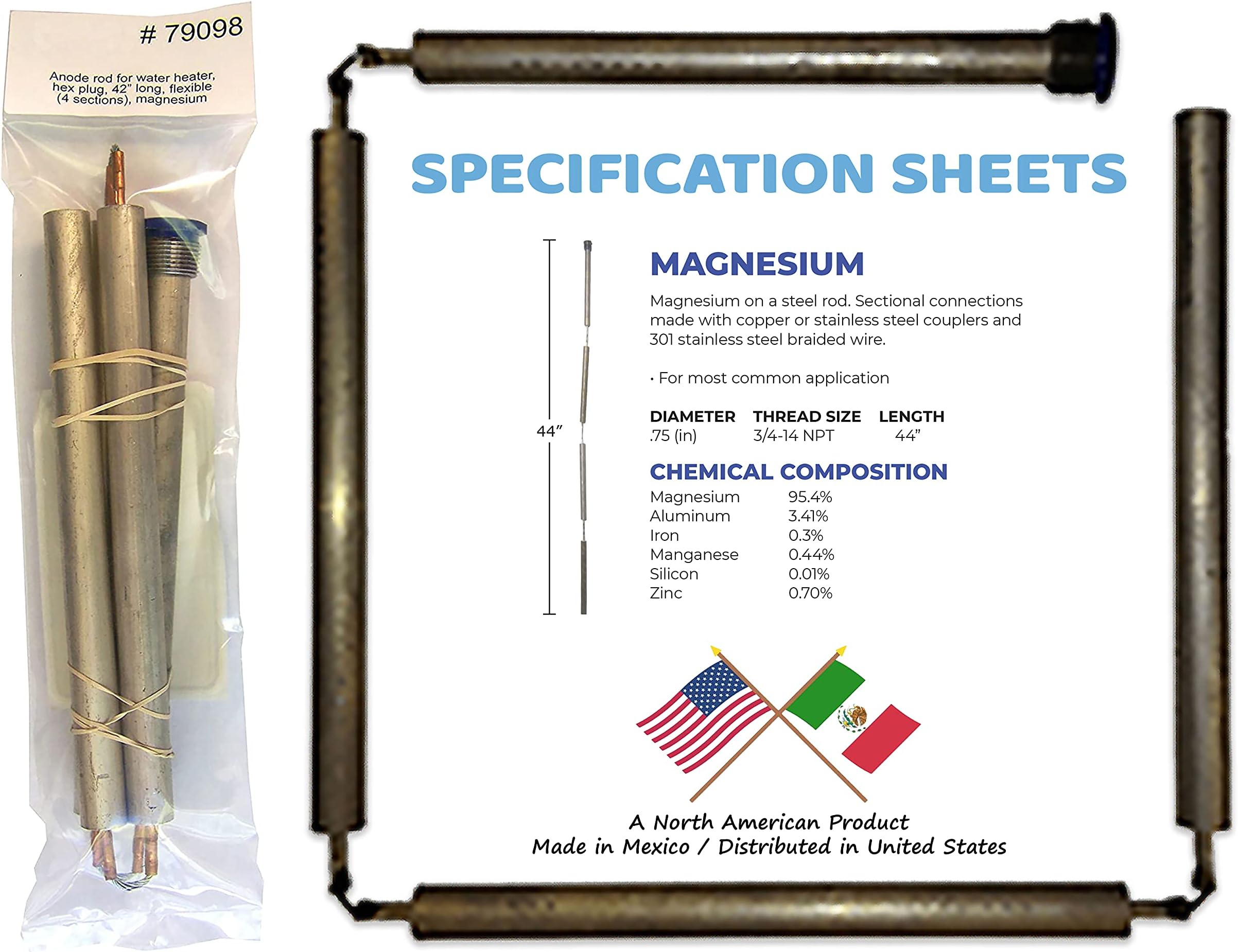 Blue Lightning Magnesium Flexible Anode Rod, Hex Plug, 44"