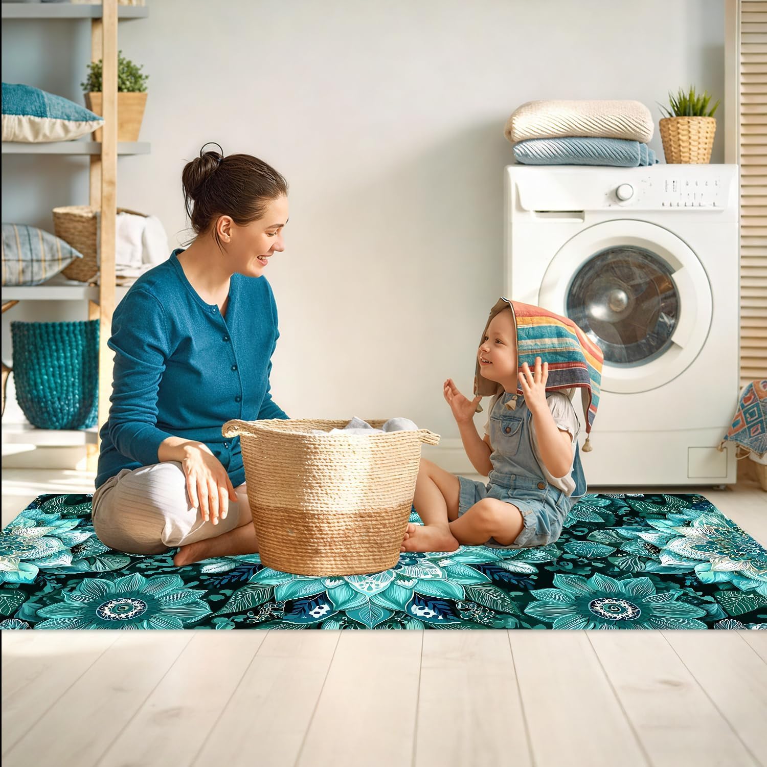 Boho Floral Laundry Room Rug Runner 47x20 Inch, Non Slip Washable Kitchen Mat, Teal Mandala Flower Absorbent Floor Runner Rug for Laundry Room, Bathroom, Entryway, Hallway Decor