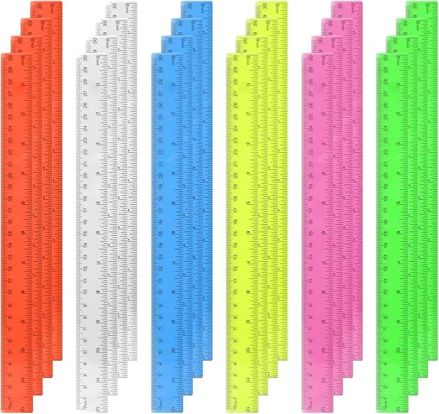 24 Pack 30cm Plastic Rulers 12 Inches Colourful Transparent Rulers with Inch and Metric for Kids School Students Classroom Office