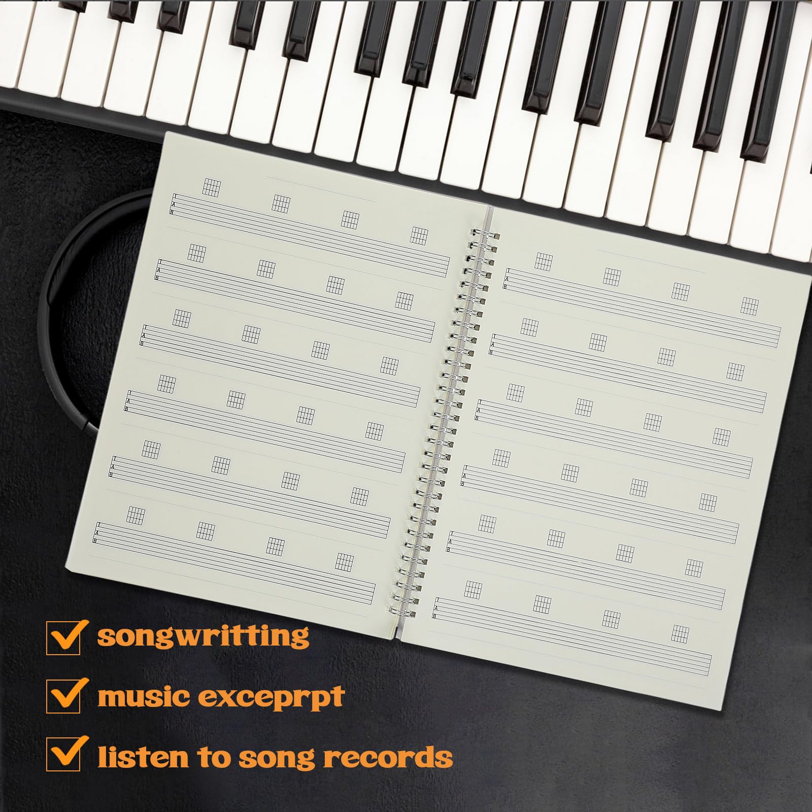 Cahier Musique pour Guitariste Débutant, Livre D'accords Partitions, Pages Détachables, Couverture Pp Noire, Format Portable pour Paquet de Guitare