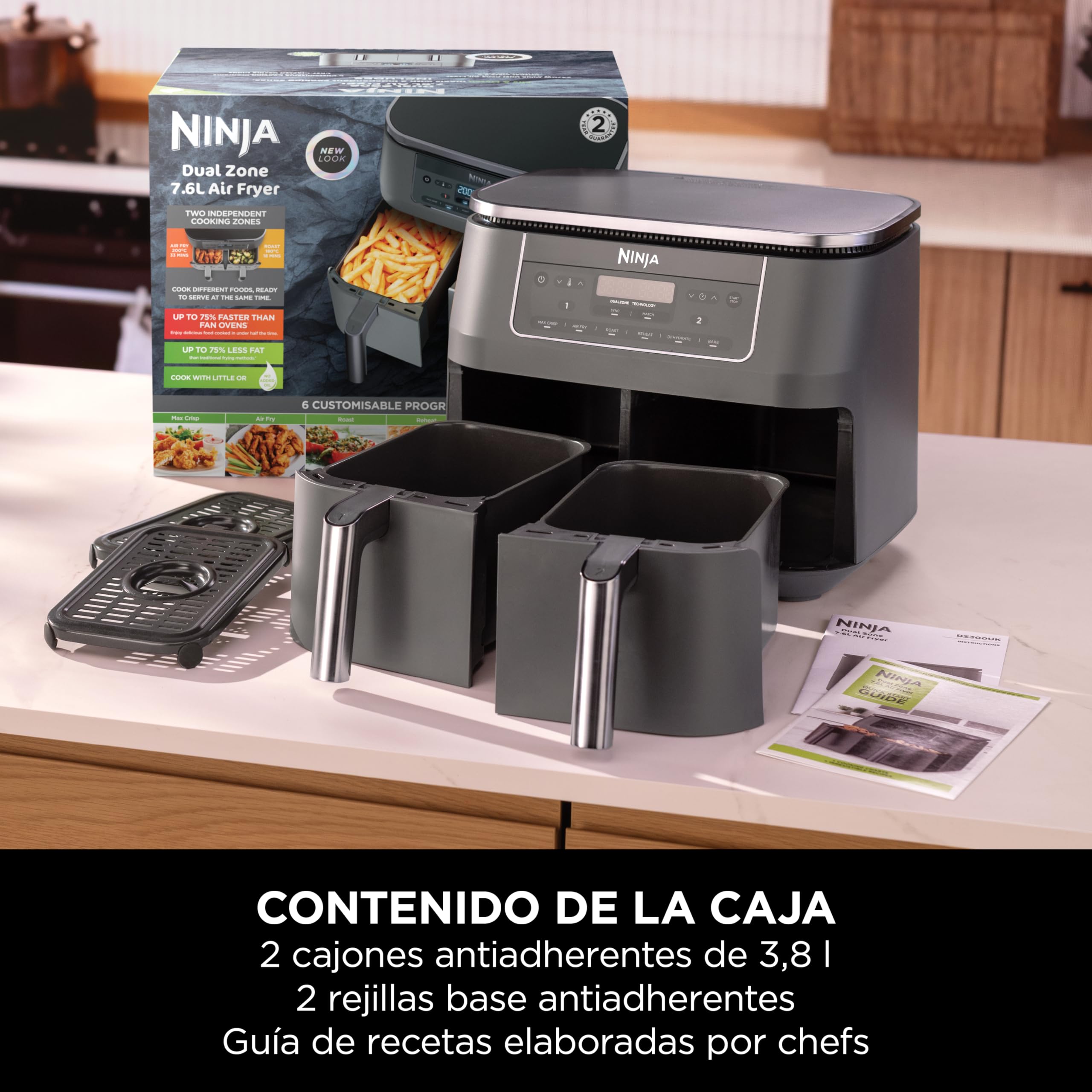 Ninja Freidora de aire con compartimento doble, 2 cajones, 7,6 l, 6 en 1, sin aceite, fríe con aire, gratina, asa, hornea, recalienta, deshidrata, cestas antiadherentes, gris metalizado DZ300EU