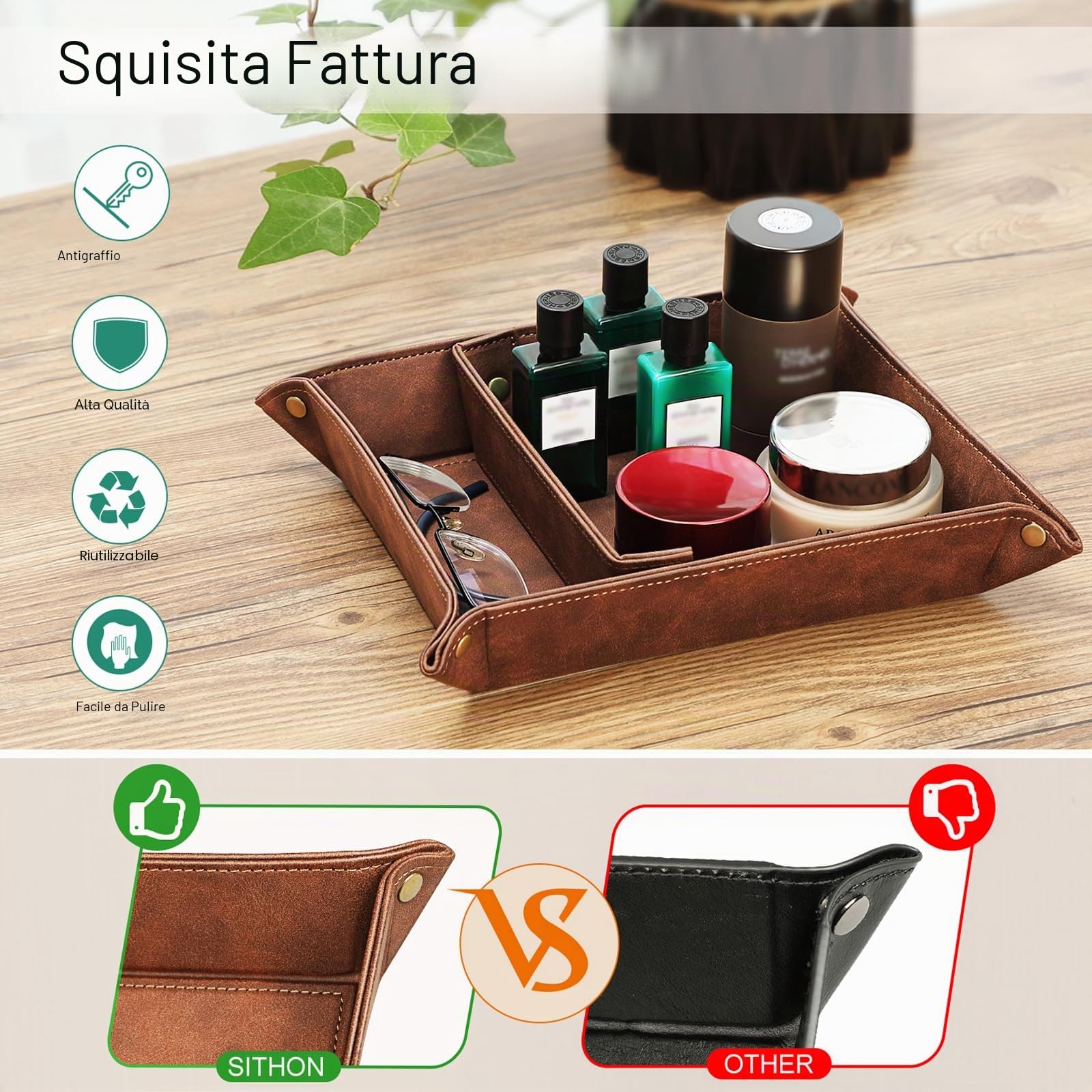 SITHON Vassoio Portaoggetti in PU Pelle con 2 scomparti removibili, Contenitore Svuotatasche Organizzatore da Comodino Scrivania per Gioielli, Telecomando, Chiavi, Telefono, (*Marrone)
