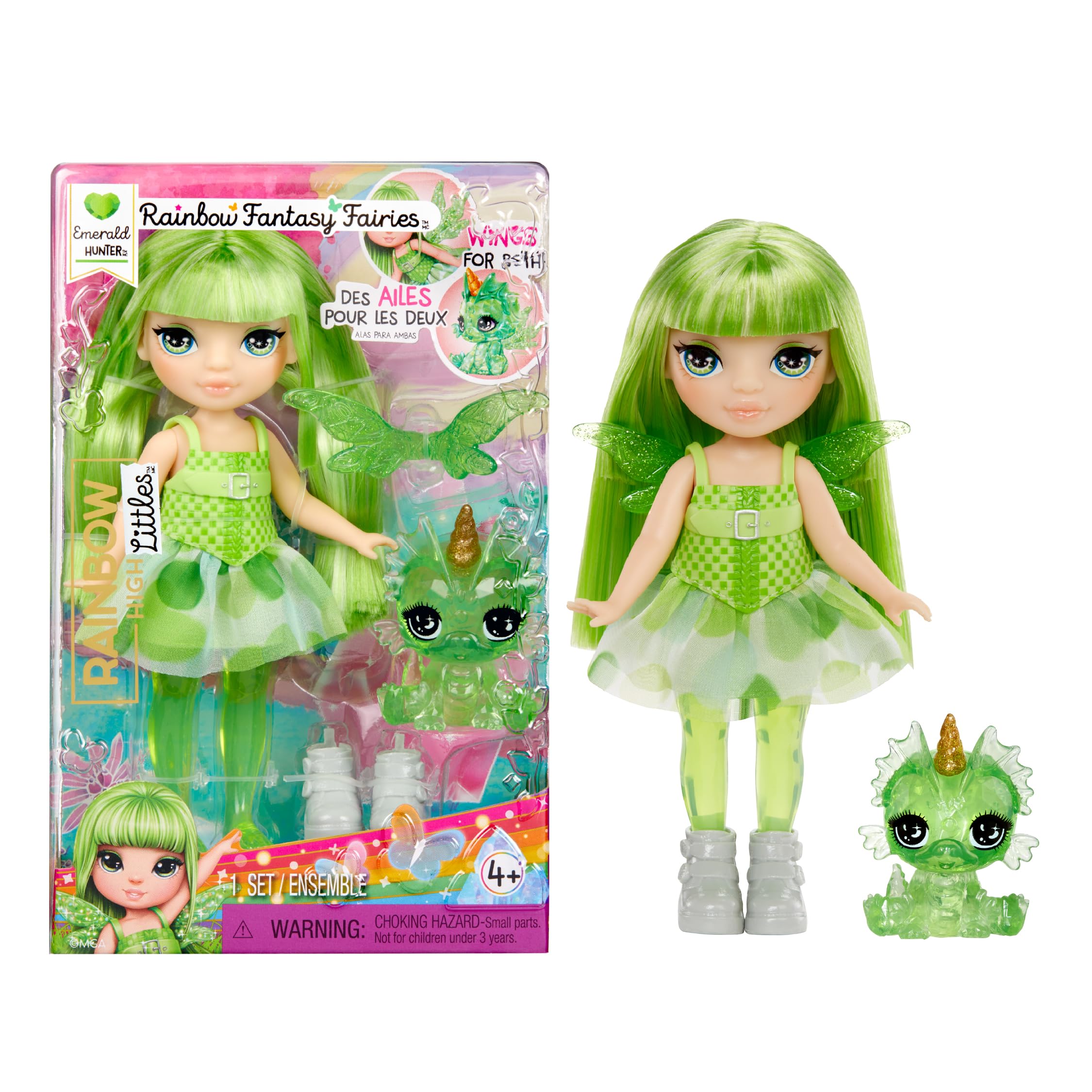 Rainbow High Littles Rainbow Fantasy Fairies + Pet – Emerald Green 5.5" Posable Small Doll & Fantasy Dragon Pet with Interchangeable Fairy Wings, Kids