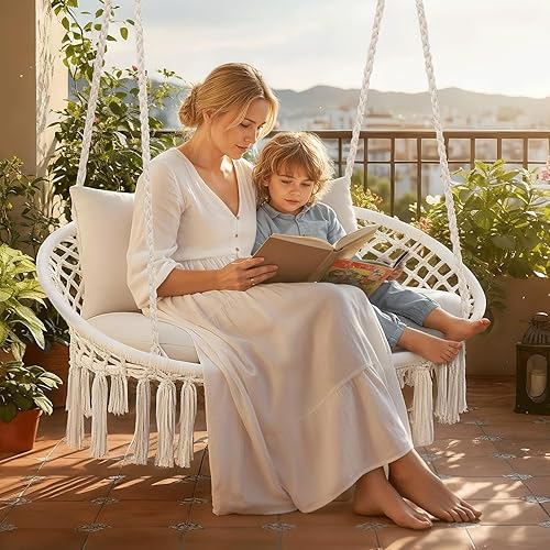 Miniatura 3 de MoNiBloom Silla oscilante doble con 3 cojines para exterior, gran silla colgante de macramé para relajarse en interiores y exteriores, hamaca para