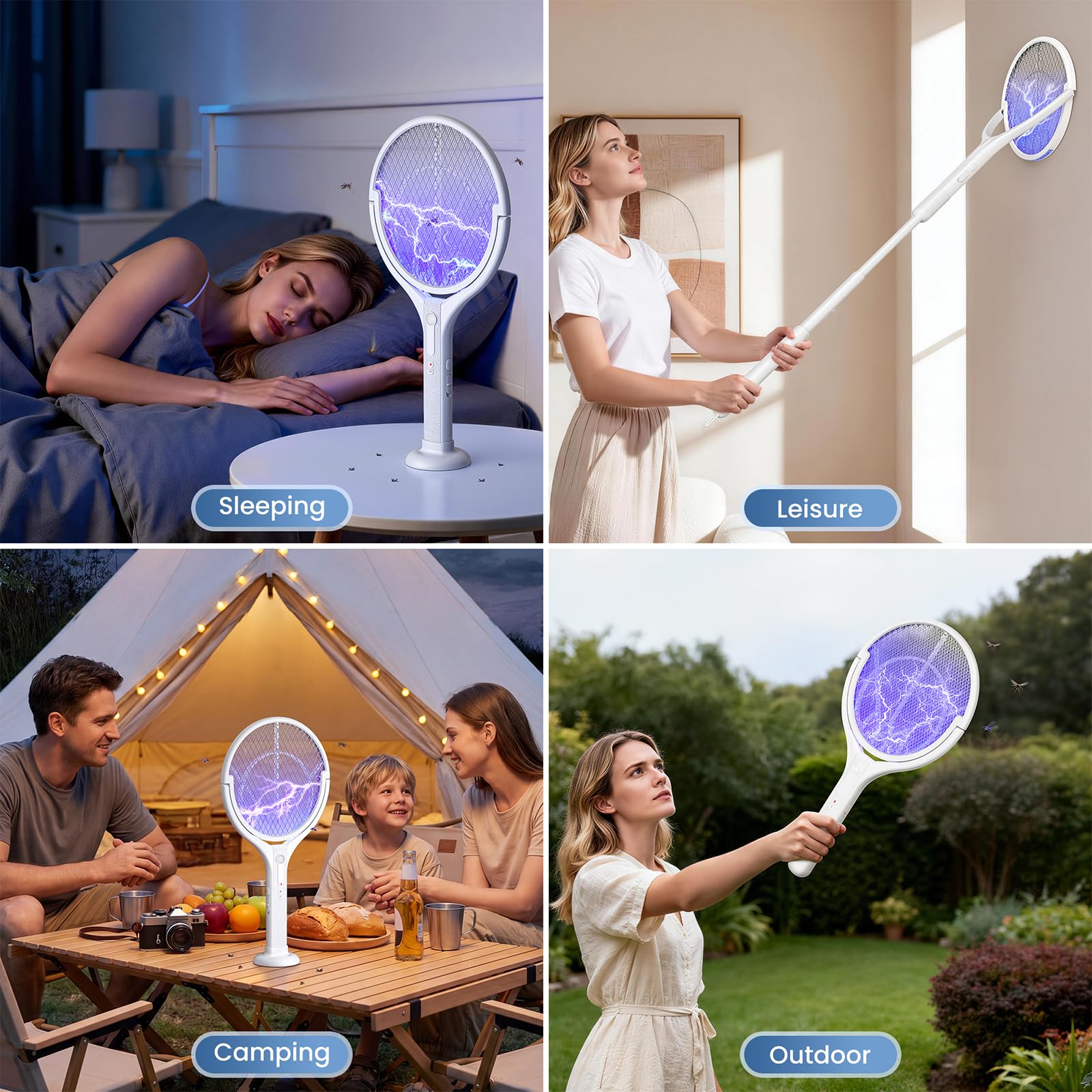 Racchetta Zanzare Elettrica con Asta Telescopica & Testa Rotante, 4000V 1800mAh Racchetta Antizanzare Ricaricabile, Tripla Rete di Protezione, 2 in 1 LED Lampada Zanzare per Interni Esterni