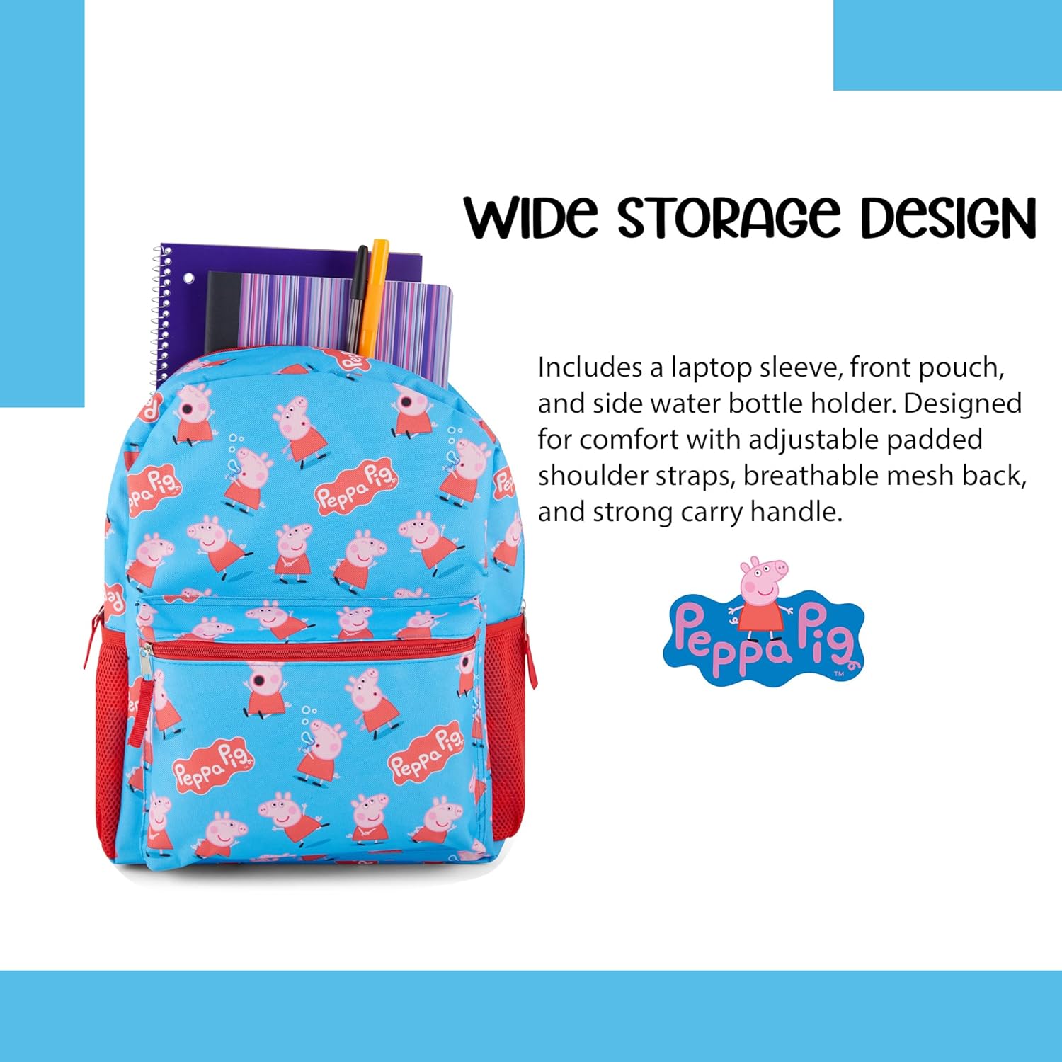 Peppa Pig Backpack for Girls - Peppa, George, Mummy and Daddy - 16" Backpack For School - Front Pocket and Laptop Sleeve Backpack for Girls and Toddlers - Preschool and Elementary School Bag