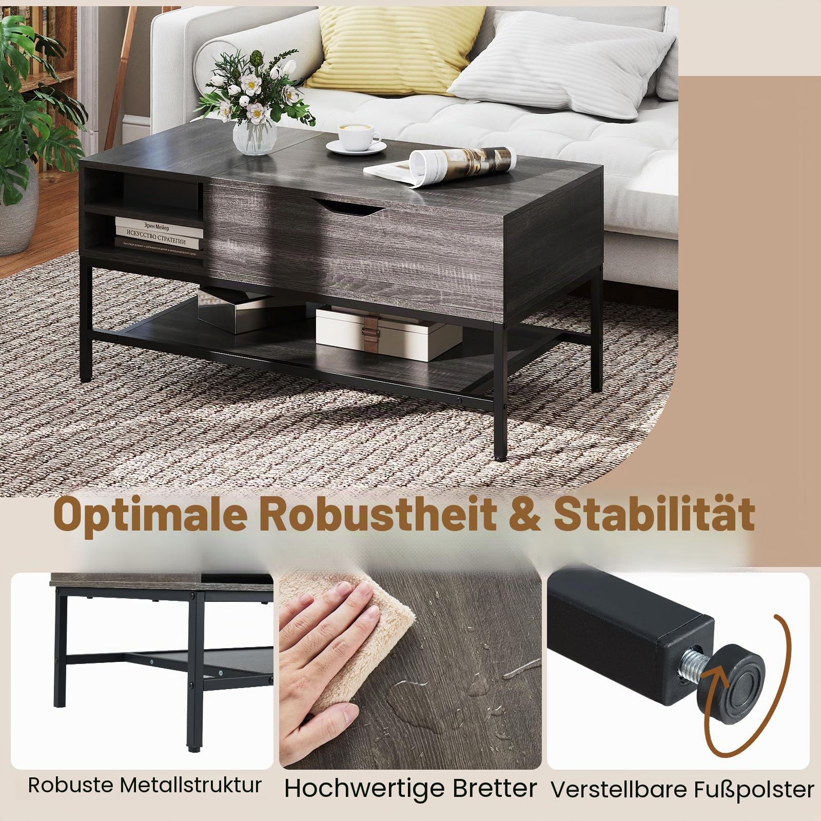 COSTWAY Couchtisch höhenverstellbar, Wohnzimmertisch mit offenem Fach und Ablagefach, Kaffeetisch, Sofatisch, Beistelltisch für Wohnzimmer, 99,5 x 49,5 x 47,5 cm (Grau)