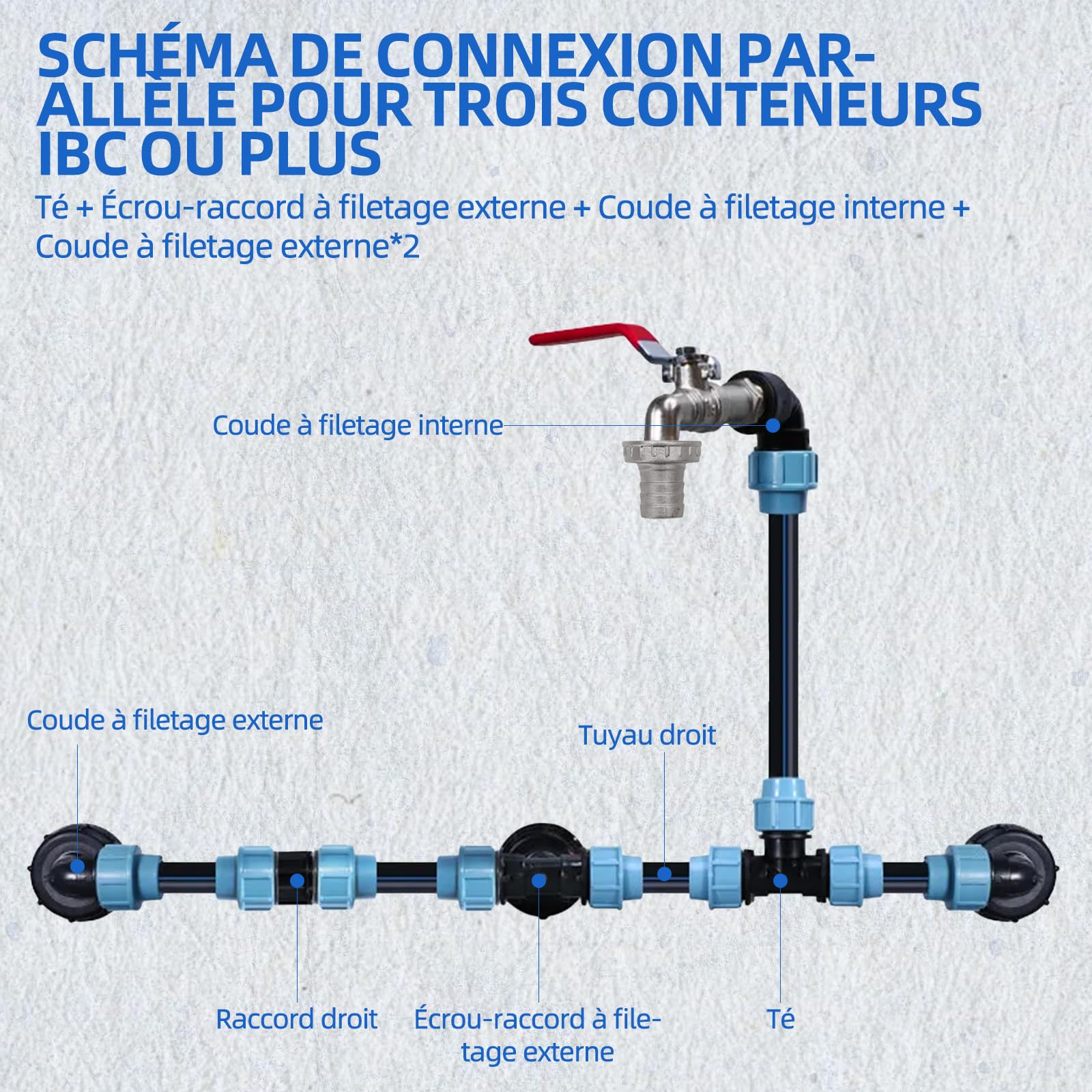 Kit de raccordement IBC pour 3 réservoirs IBC ou citernes d'eau de pluie, avec robinet col de cygne 3/4", sortie avec raccord de tuyau, idéal pour l'arrosage du jardin