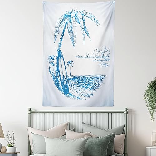 Miniatura 5 de Ambesonne Tapiz de surf, ilustración contemporánea de boceto hawaiano, playa, tabla de surf, palmeras, agua del océano, decoración de tela para