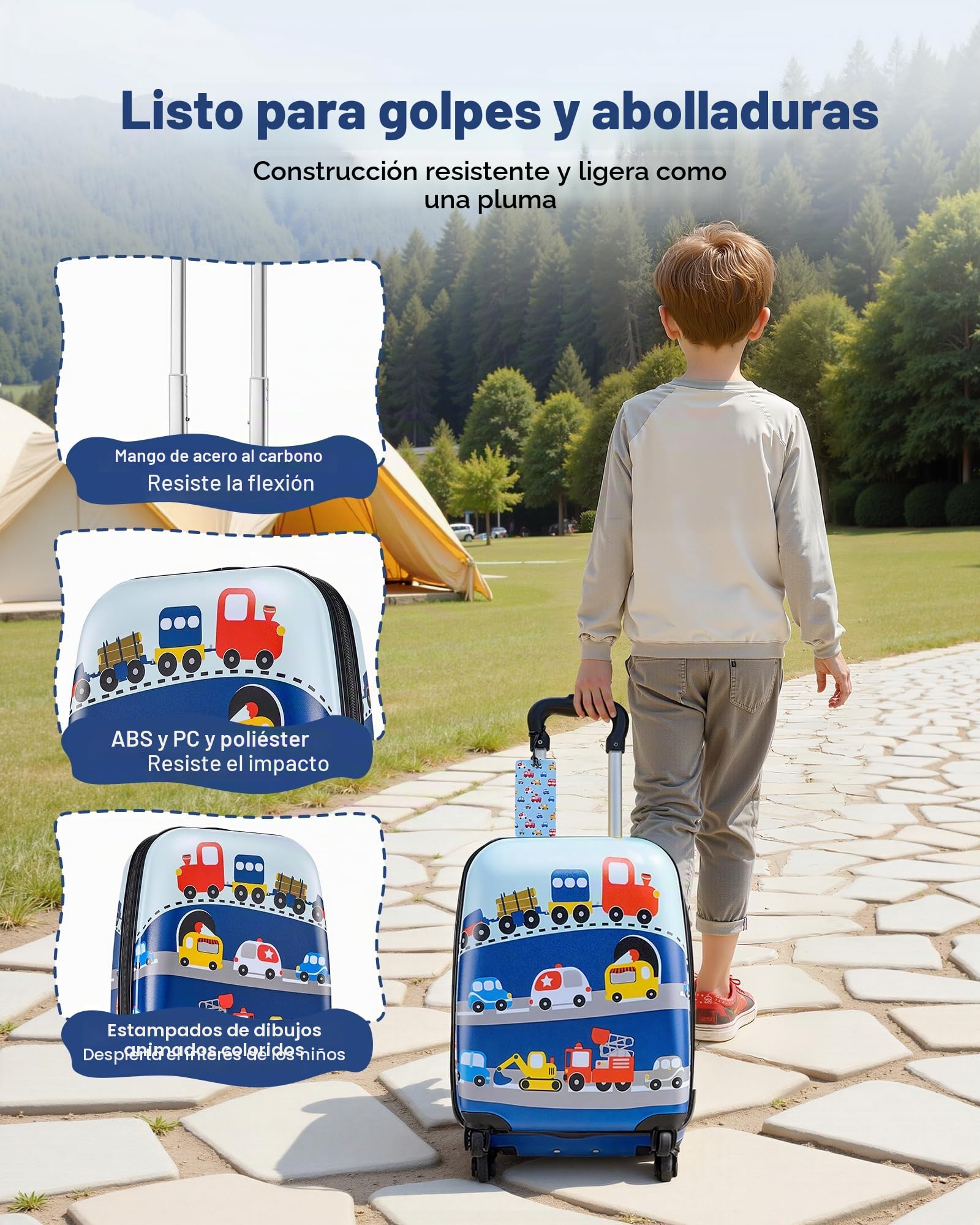 VEVOR Juego de Maletas para Niños 5 Piezas, Maleta de Cabina 45,7 cm, Mochila con Cojín Cervical, Bolsa para Comida y Etiqueta de Equipaje, Camión Azul, Equipajes Infantiles para Viaje Escuela Camping