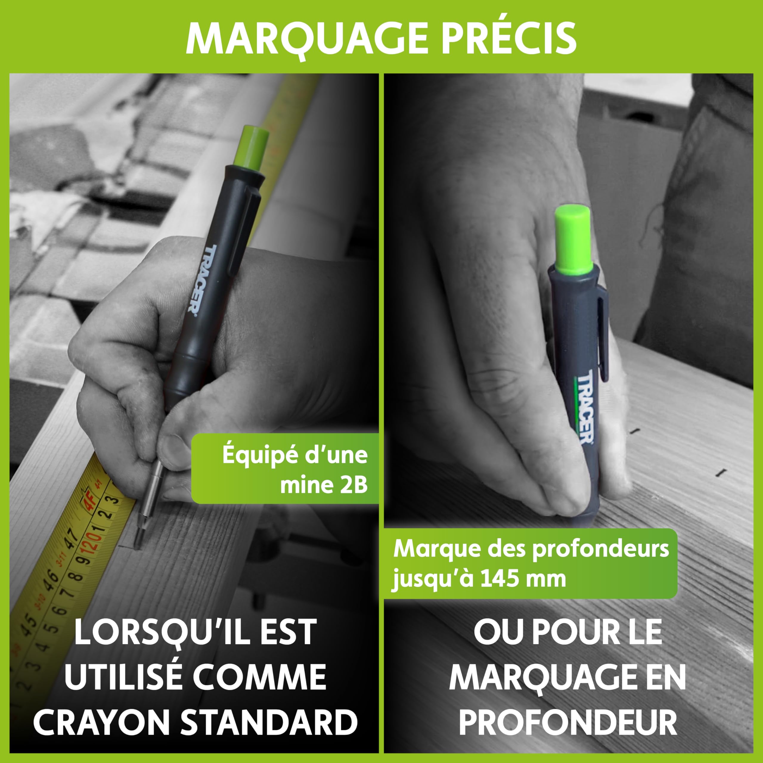 Tracer Kit de 5 marqueurs de construction avec étui de rangement – Crayon de charpentier, 2 marqueurs à pointe longue, marqueur sans obstruction et distributeur de mines de rechange