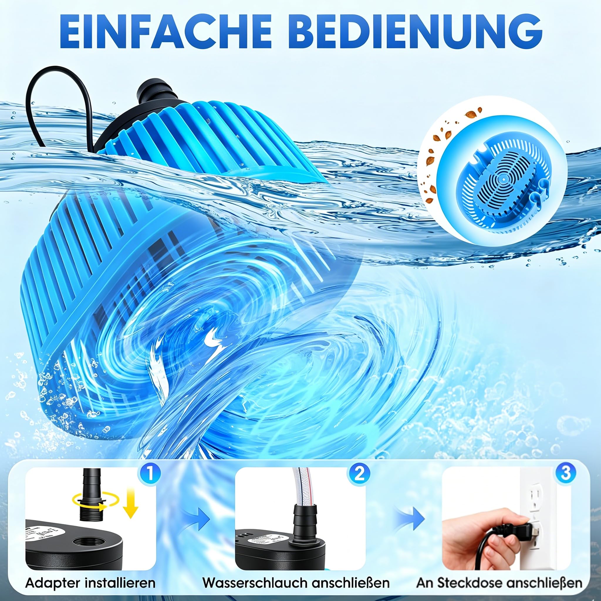 Pompe submersible, pompe submersible eau sale pompe à eau de pluie 75 W, capteur de niveau d'eau automatique, drainage pour piscine hors sol, 4 adaptateurs, tuyau de 4,9 m, câble de 7,6 m, max 3218 l