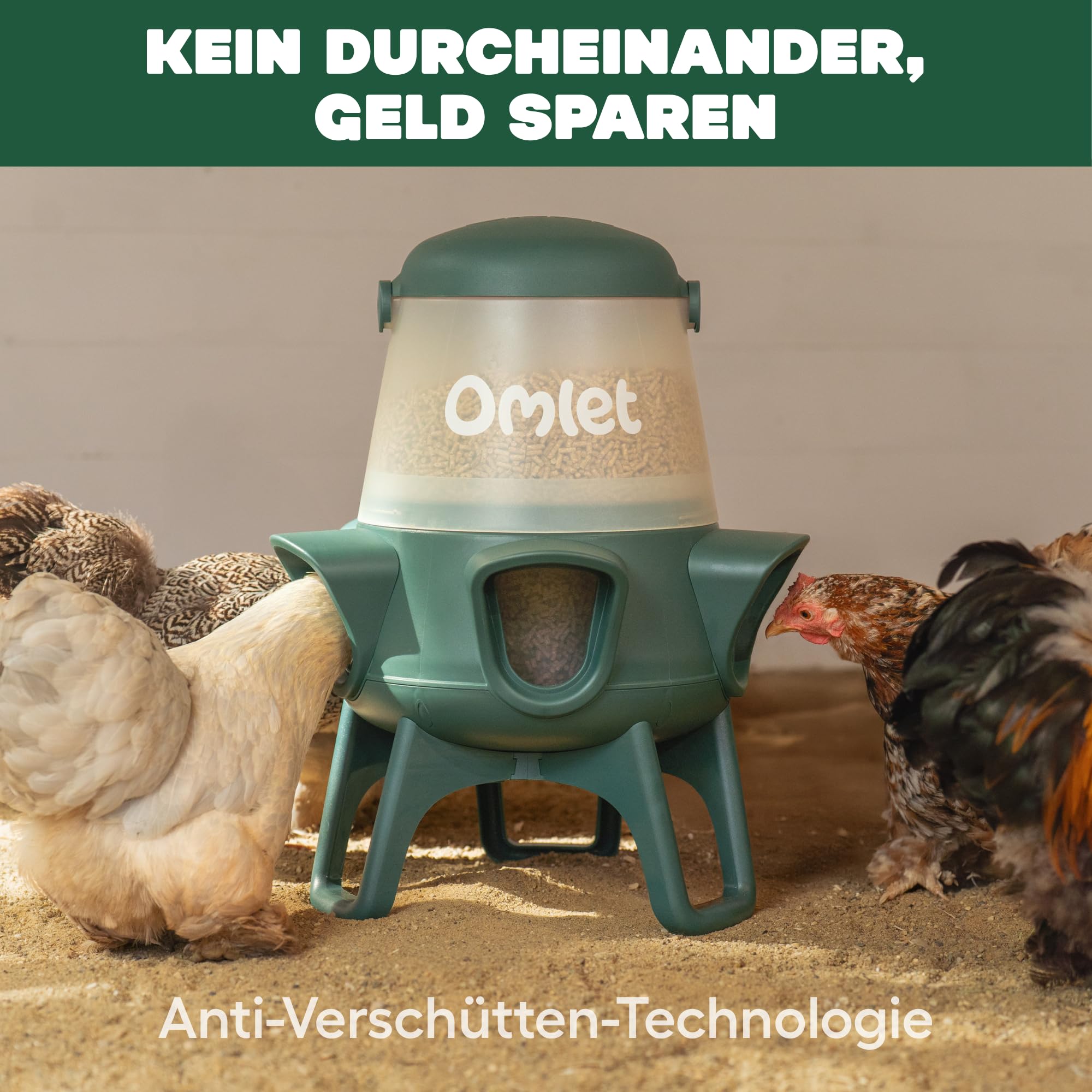 Omlet Futtersparender Hühnerfutterautomat für Hühnerstall | 5kg Anti-Verschüttung Geflügel Futterspender | 5 Futteröffnungen | Füttert 6 Hühner 7 Tage | Aufhängbar & Freistehend | Wetterfes
