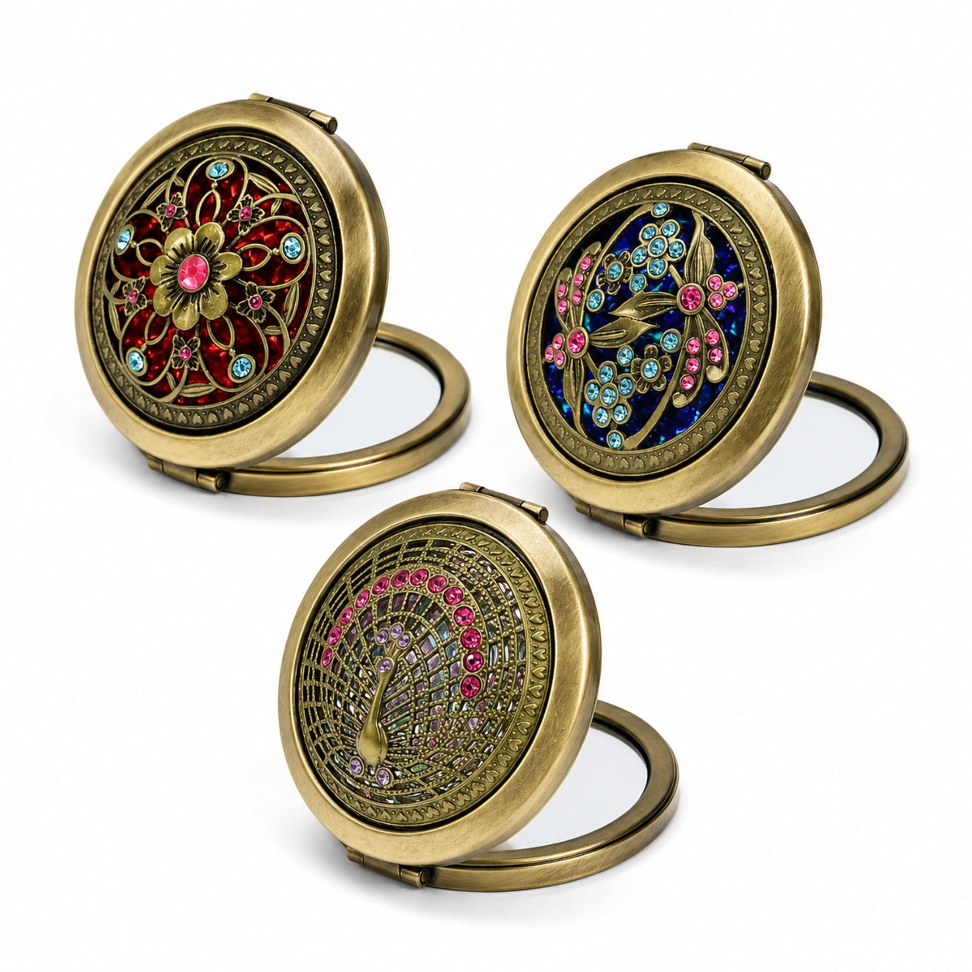 Retro Vintage Compact Mirror for Women, Bronze Hollow Floral Rhinestone Folding Makeup Mirror, Double-Sided Pocket Cosmetic Mirror, Portable Handbag Purse Travel Vanity Mirror (Pack of 3)-image-25