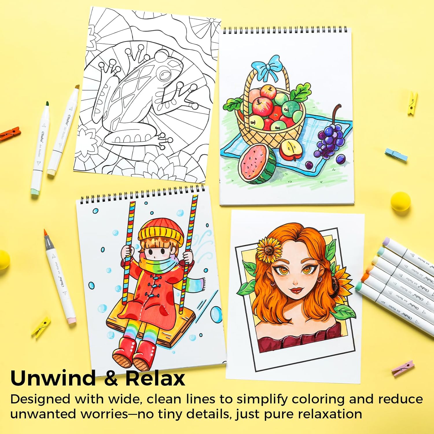 Ohuhu Double-Sided Bleedproof Coloring Book for Alcohol Markers - 4 Sets of 8"x10" Coloring Books - 160 Stress-Relieving Animal Mandala Flower Dessert Portrait Designs for Adults and Teens