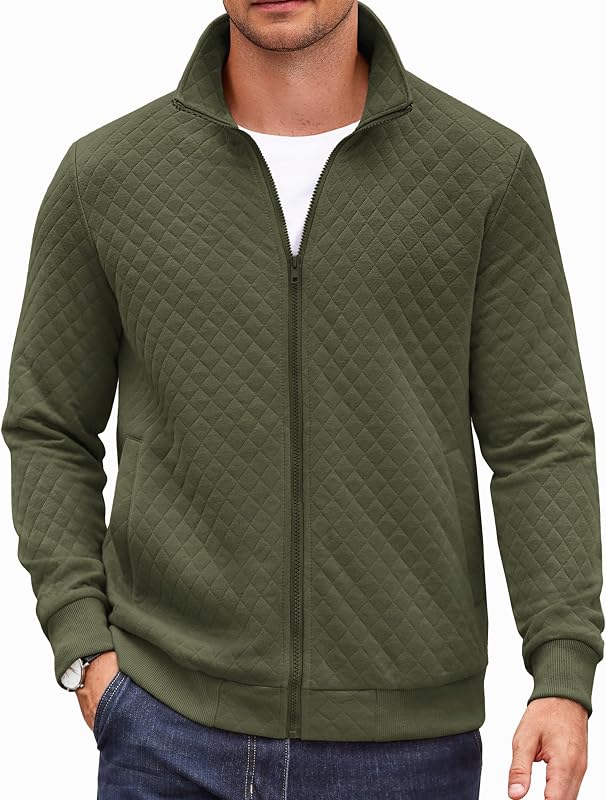 Mens Zip Up Sweatshirt Quilted Fall Sweater Jackets Casual Stylish | Lightweight Jackets, Zip Up Sweater, Hoodless, Fall/Winter Wear, Full Zip, 2026 Fashion, Casual, Waffle, Mens Outerwear