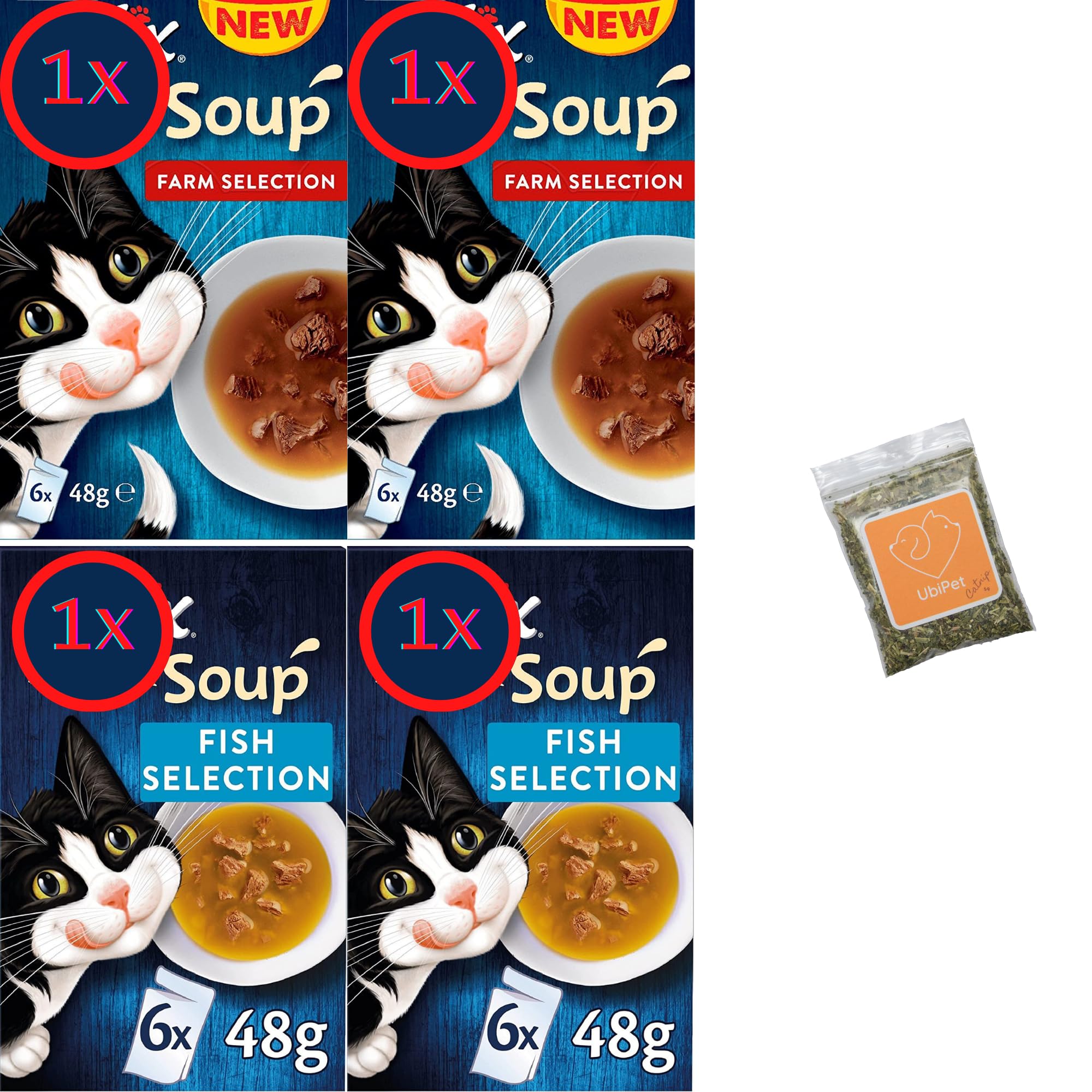 Cat Soup Bundle with Fish and Farm Selection (Total 24 pouches x 48 gram) and 1x UbiPet Catnip
