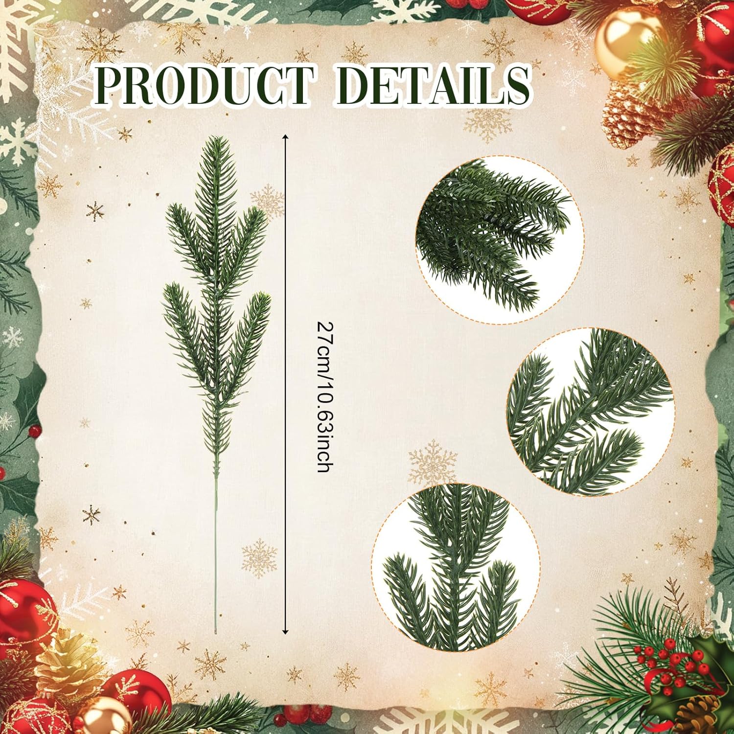 WILLBOND 48 Pack Artificial Christmas Tree Picks Include 24 Christmas Tree Cuttings with Assorted Red Berries, Holly Leaves, Pine Cones and 24 Artificial Pine Branches, Greenery Needles(Classic)
