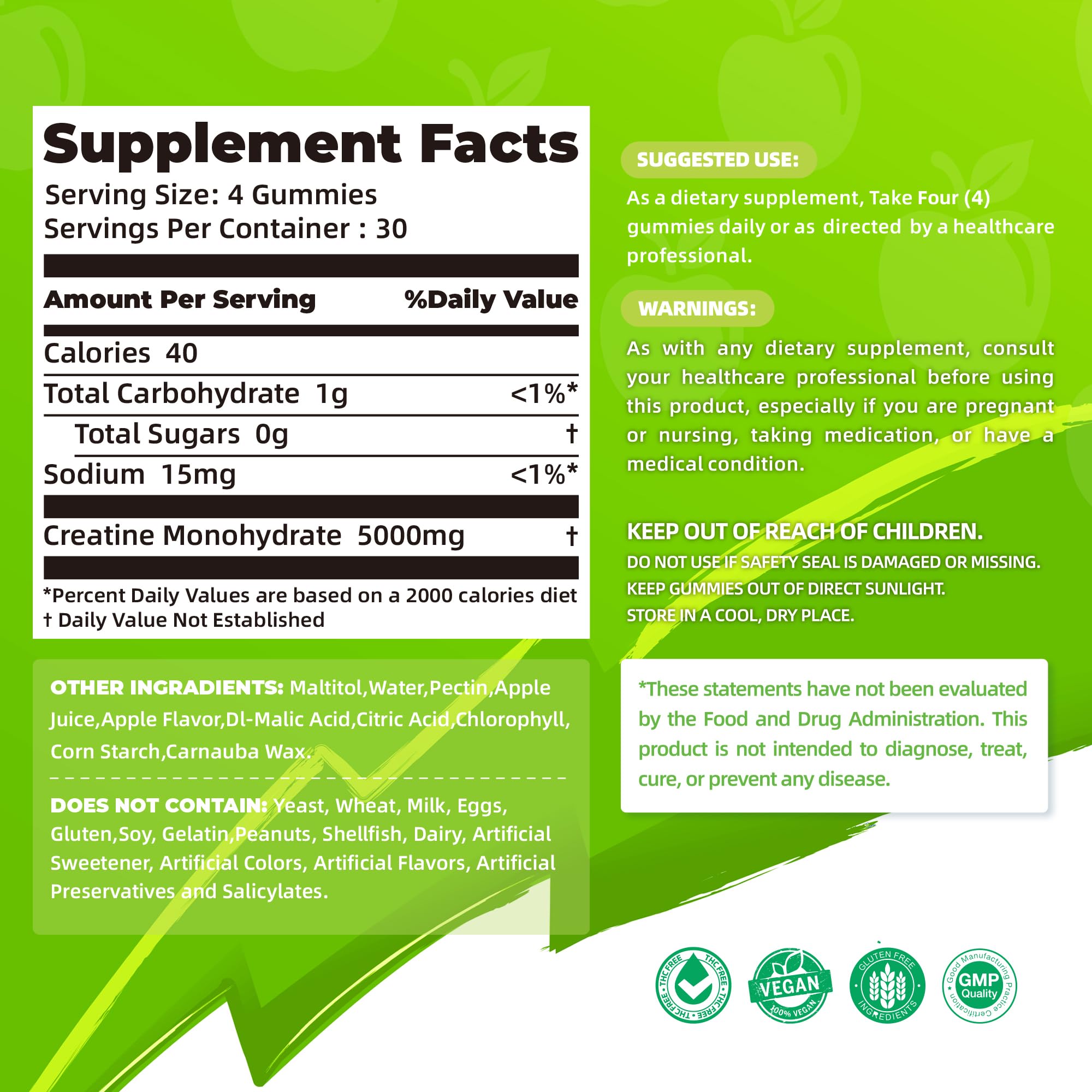 NSF Certified Creatine Gummy - Creatine Monohydrate Gummies 5000mg for Men & Women -120 Gummies Advanced Formula, Muscle Strength, Muscle Builder, Energy Boost, Pre-Workout Supplement-Apple — Amazon image 2