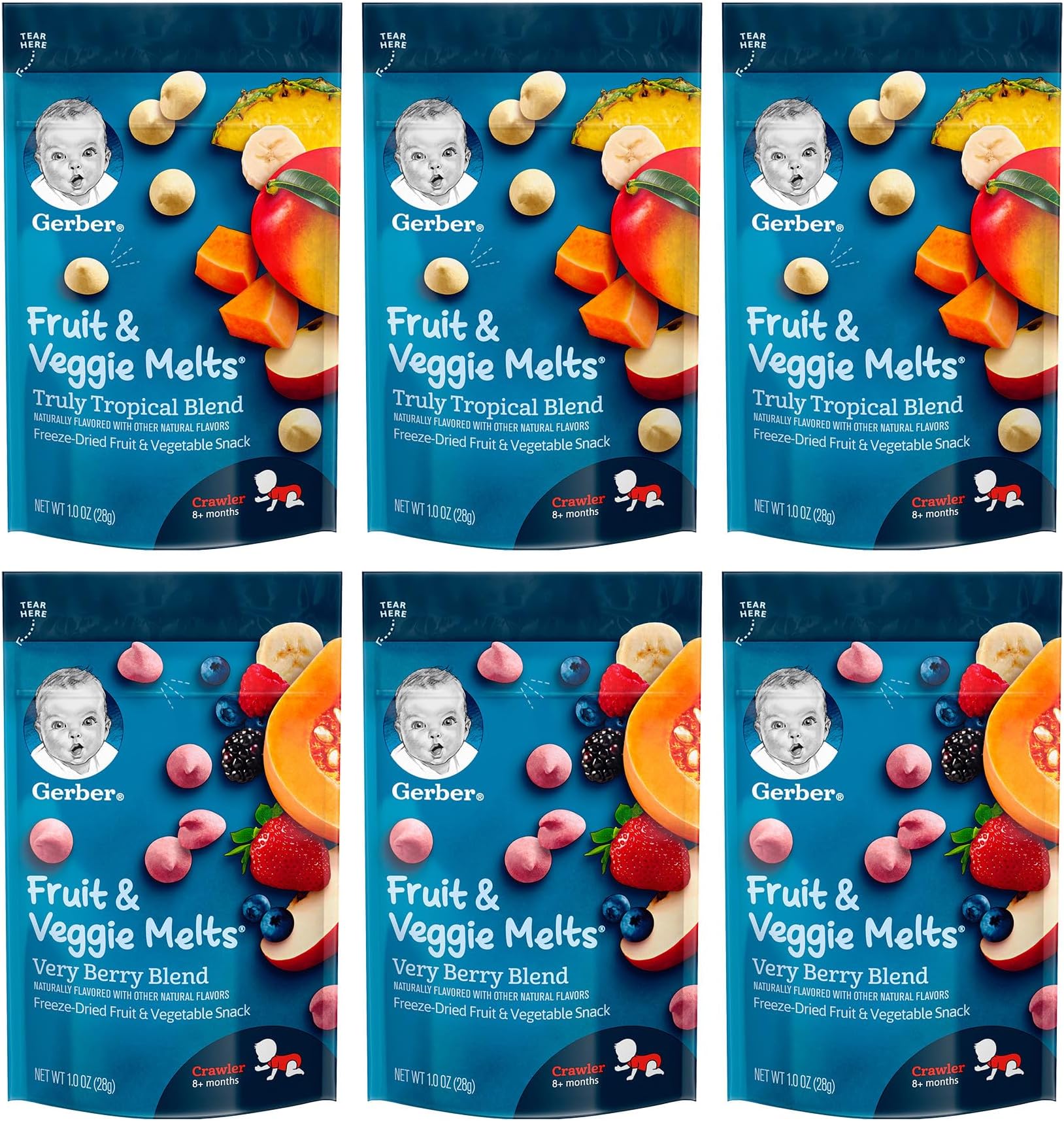 Gerber Graduates Fruit & Veggie Melts Snack Variety Pack, 3 Very Berry Blend and 3 Truly tropical Blend (Pack of 6)
