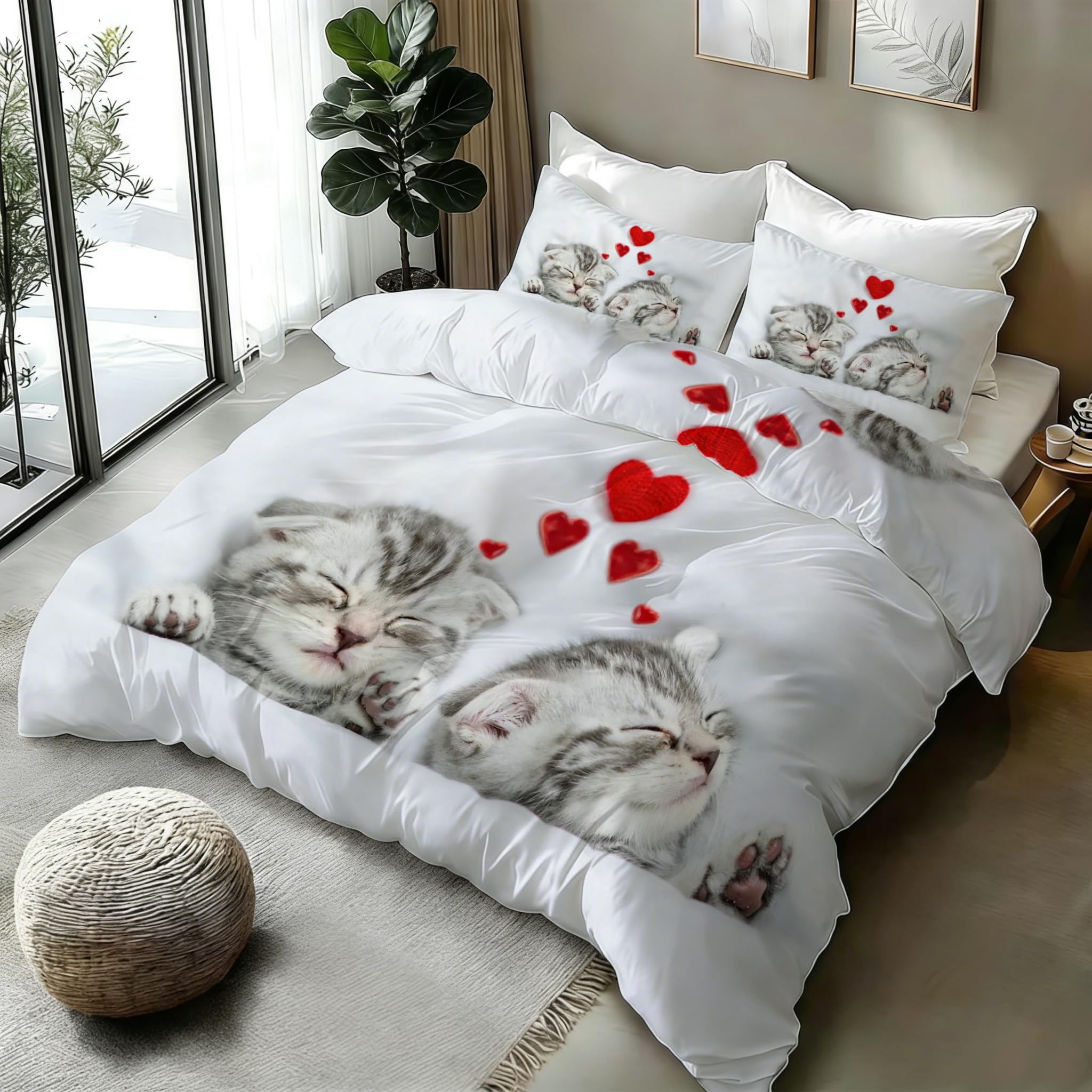Housse de couette 220x240 chaton parure de lit 2 personnes kawaii en microfibre douce avec taies