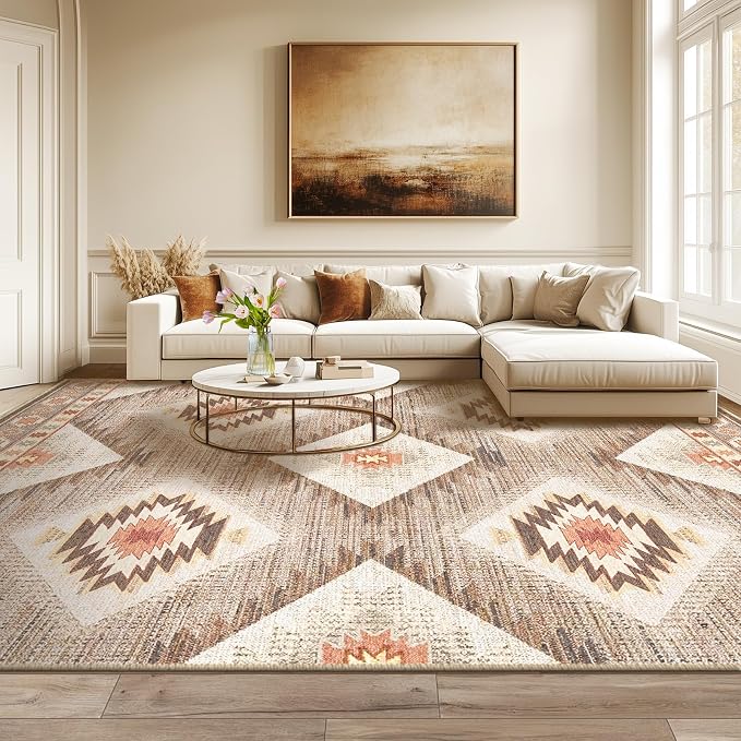BESTSWEETIE 9x12 Area Rugs, Washable 9x12 Rug, Non Slip Floor Carpet, Low Pile Water Repellent,Ultra Soft Western Rugs for Living Room Bedroom Indoor-Cream/Camel