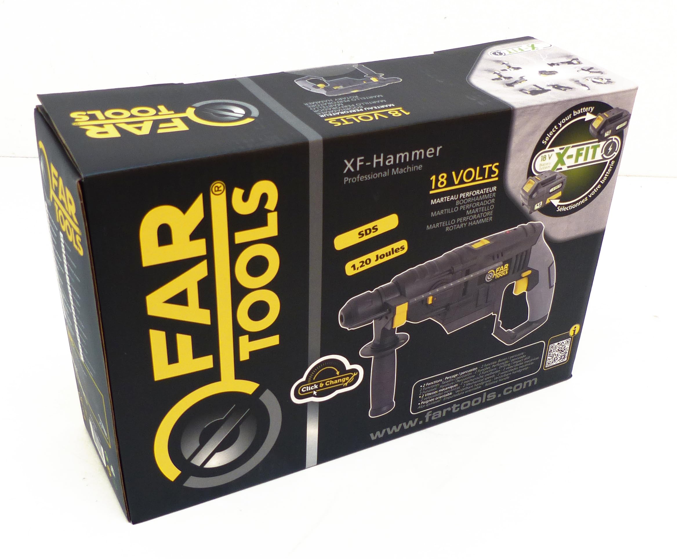 Fartools XF-HAMMER Marteau perforateur sans fil 18V, mandrin SDS, force 1.2J, 2 vitesses mécaniques, poignée auxiliaire. Vendu sans batterie