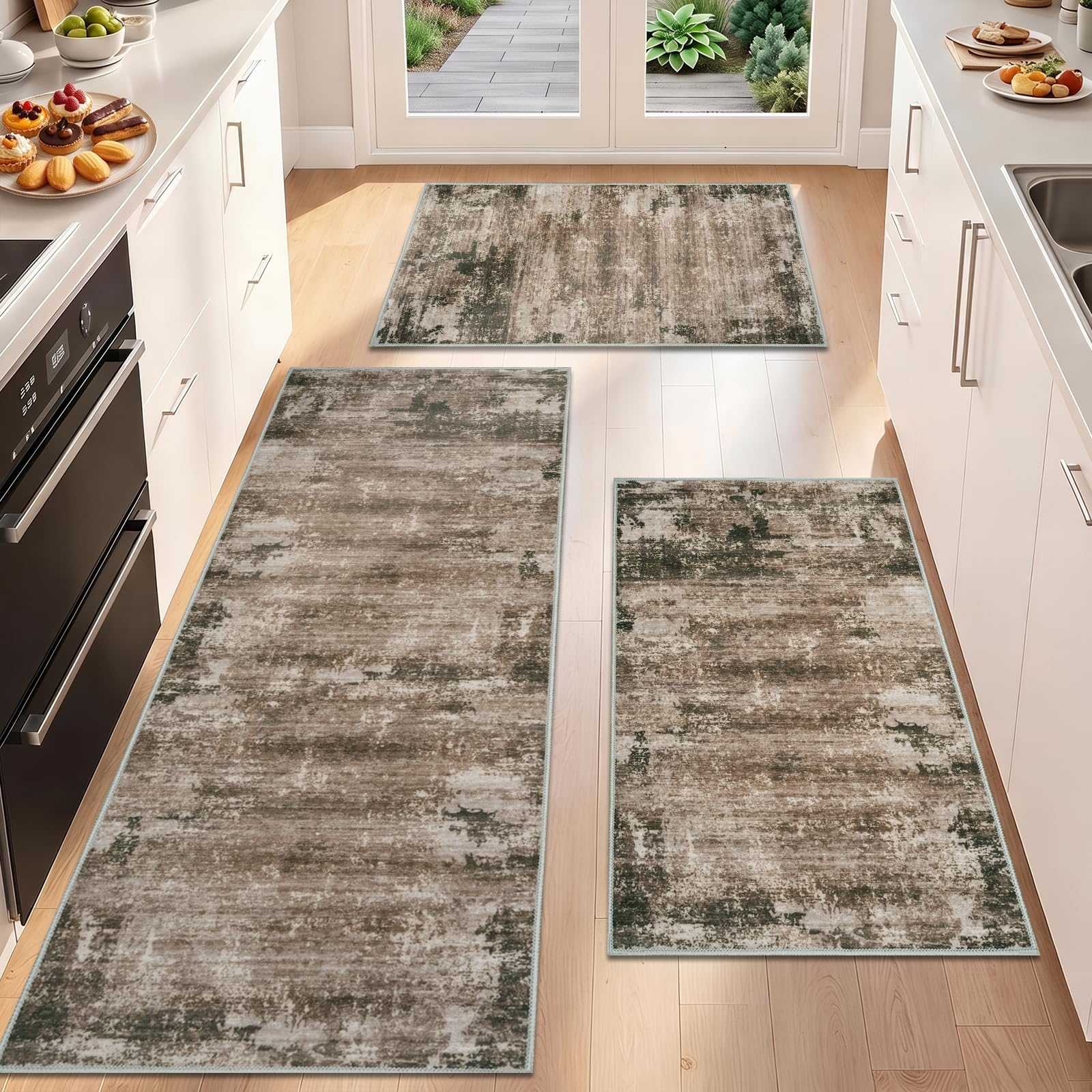 Famibay Set di 3 tappeti da cucina antiscivolo e lavabili, tappetini da cucina rosso marrone moderno astratto per cucina, lavanderia, corridoio, 50 x 120 cm + 50 x 80 cm + 50 x 80 cm + 50 x 80 cm