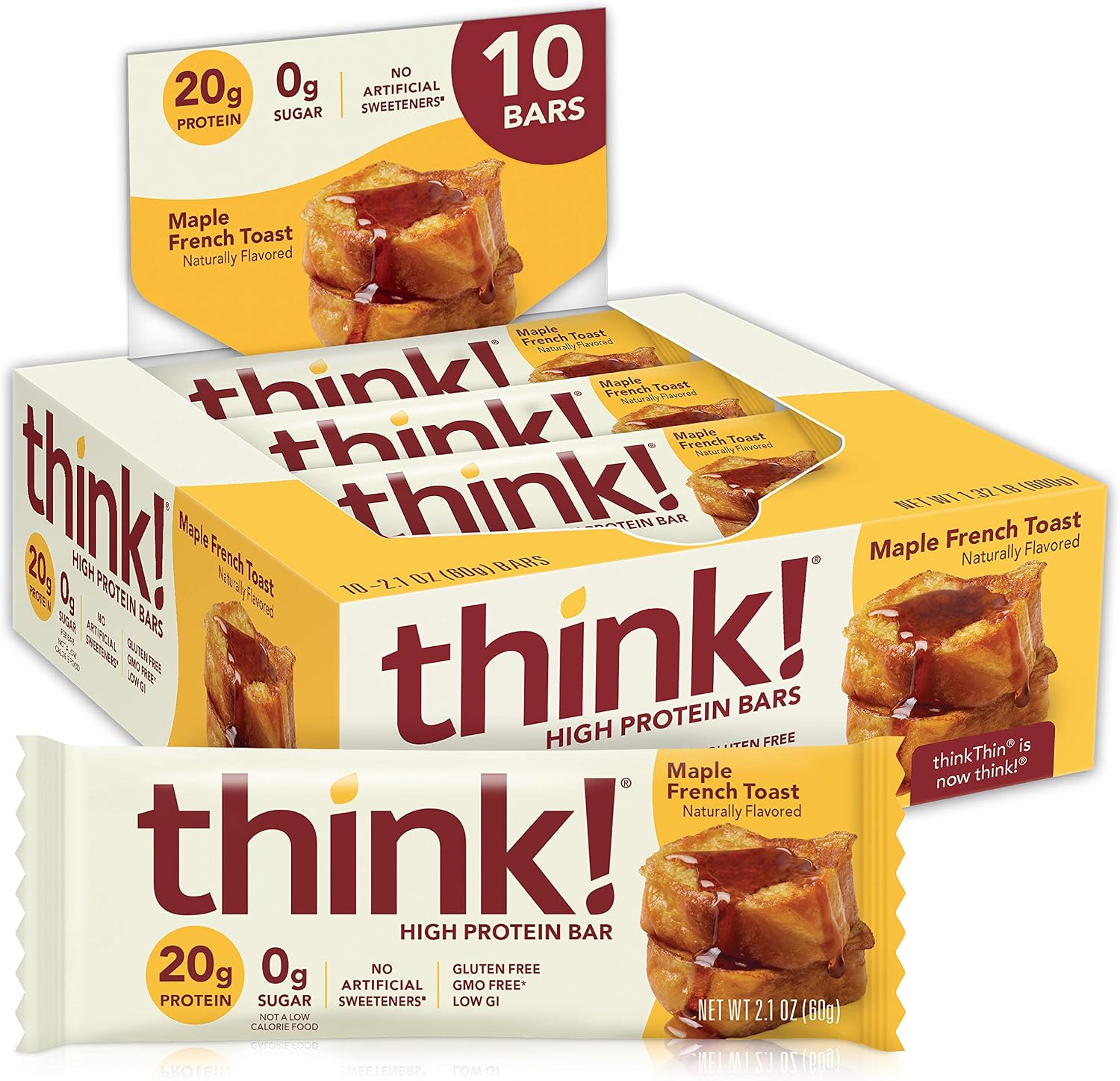 think! Protein Bars, High Protein Snacks, Gluten Free, Sugar Free Energy Bar with Whey Protein Isolate, Maples French Toast, Nutrition Bars without Artificial Sweeteners, 2.1 Oz (10 Count)