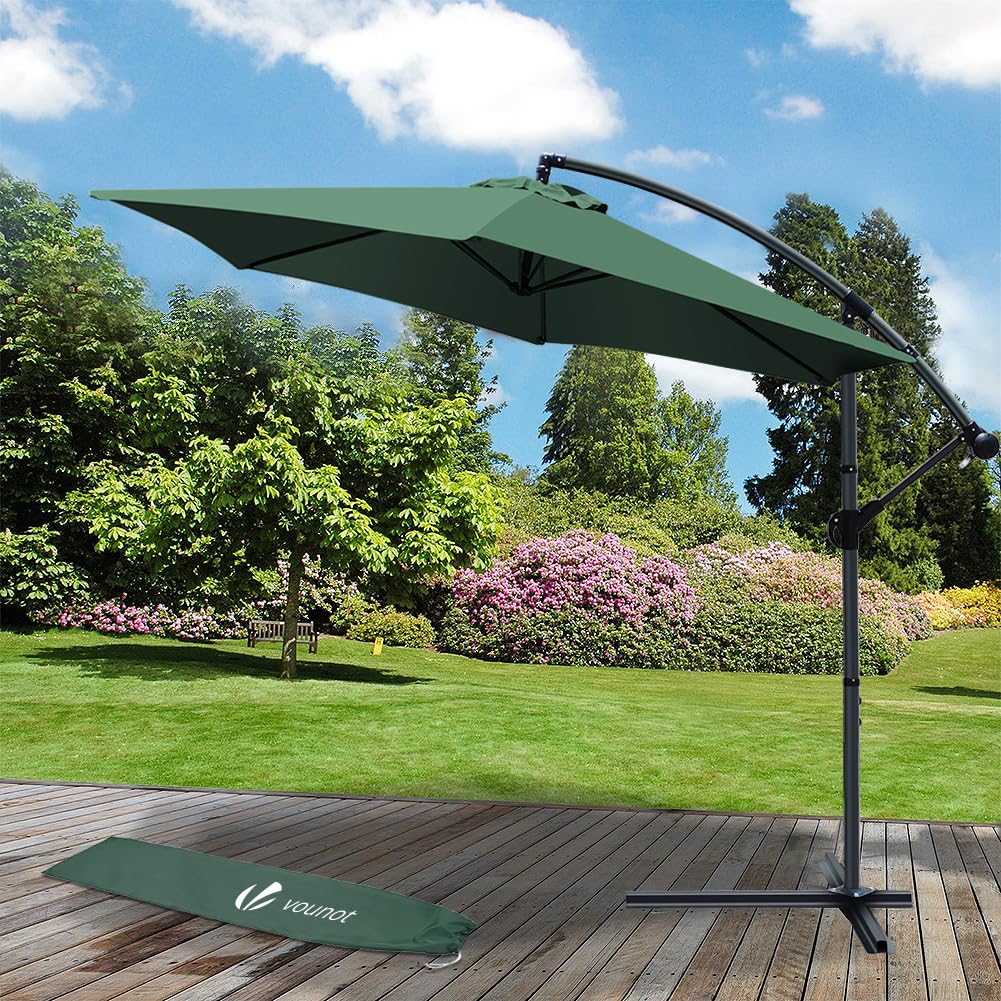 VOUNOT® 300 cm Parasol Excentrico, Sombrilla de Jardín con Manivela y Funda Protectora, Protección UV, Verde Oscuro