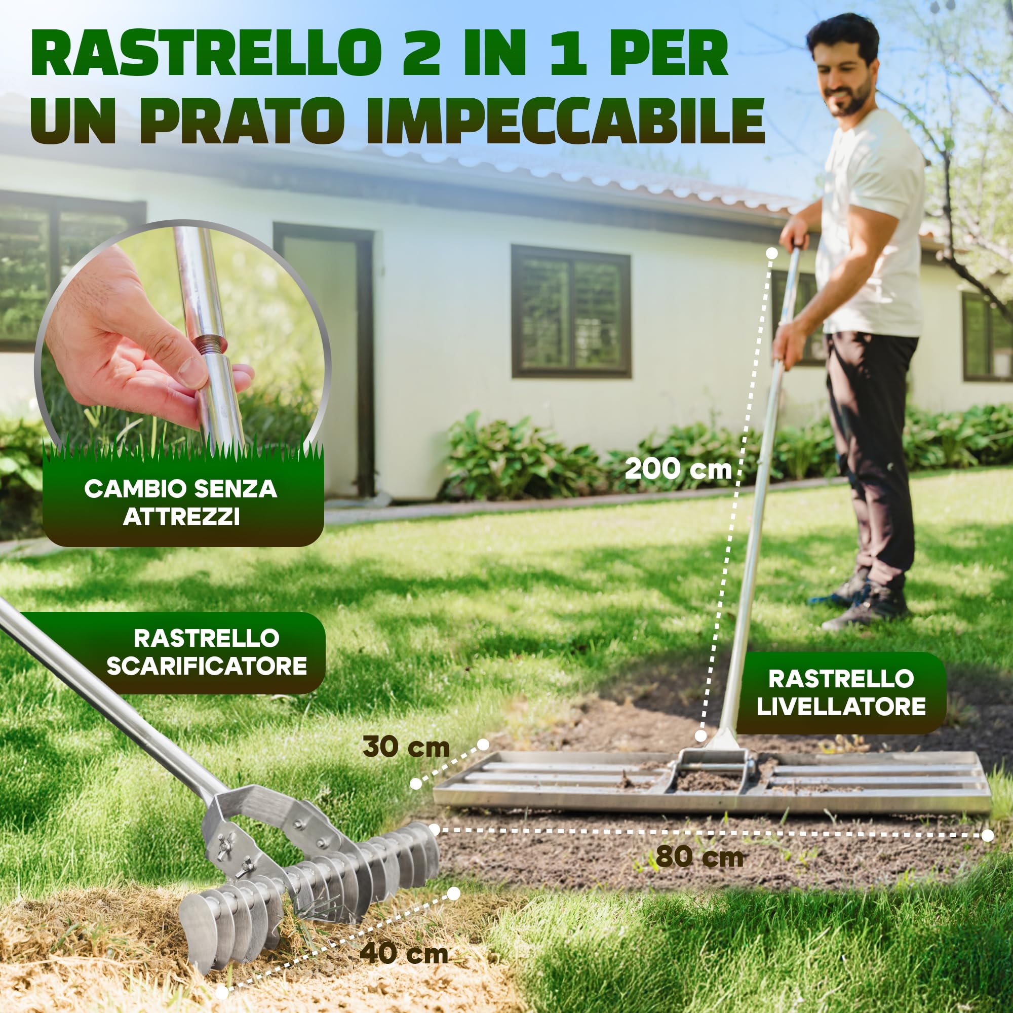 Rastrello Livellatore per Prato 80x30cm + Arieggiatore Prato | 100% acciaio inossidabile - Arieggiatore per prato sarchiatore per erbacce scarificatore per prato togli erbacce livellatore