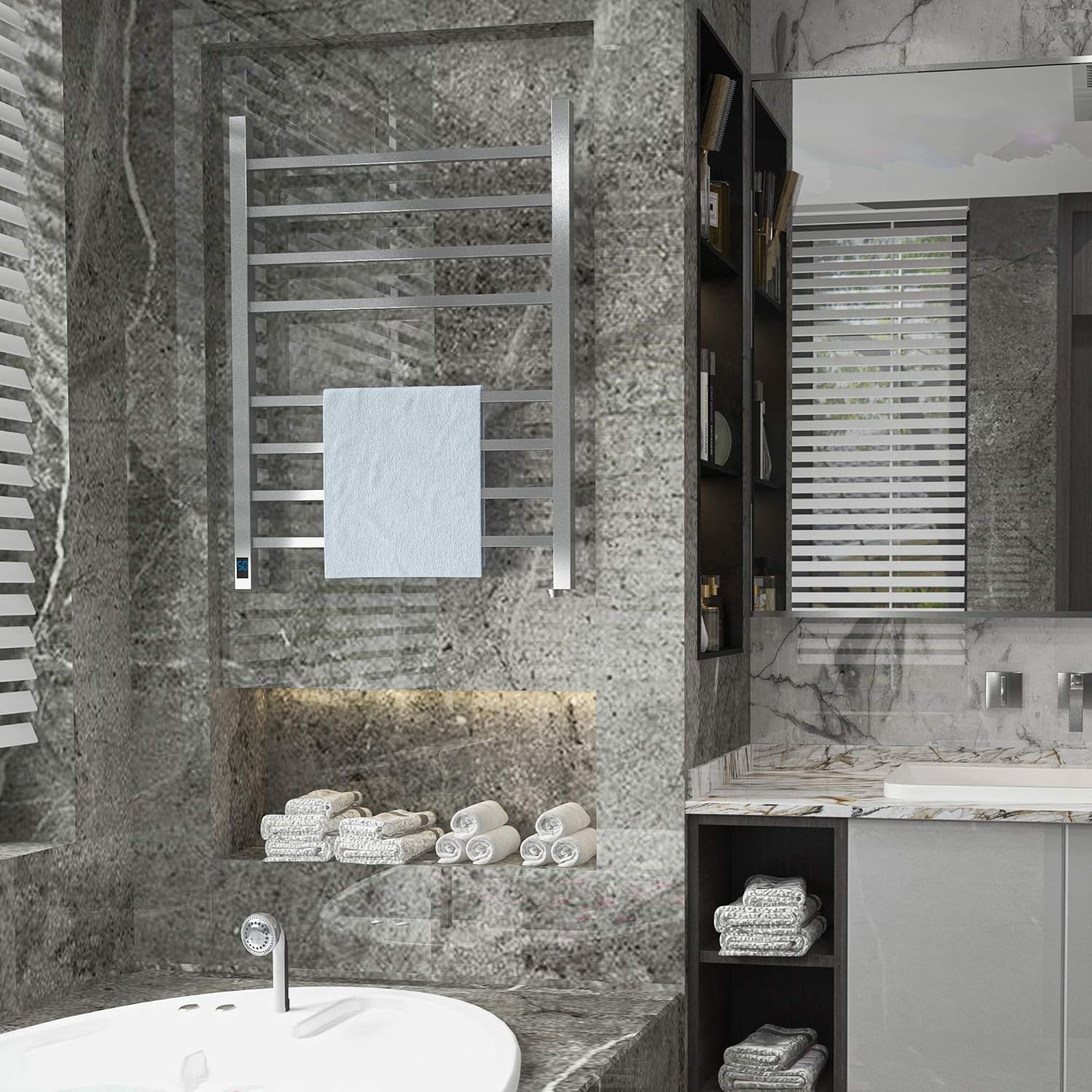 HEATGENE Towel Warmer with Timer and Temperature Control, Electric Towel Warmer with 8 Square Bars, Wall-Mounted Electric Towel Rack with 8 Square Bars, Plug-in/Hardwired Towel Rails - Silver