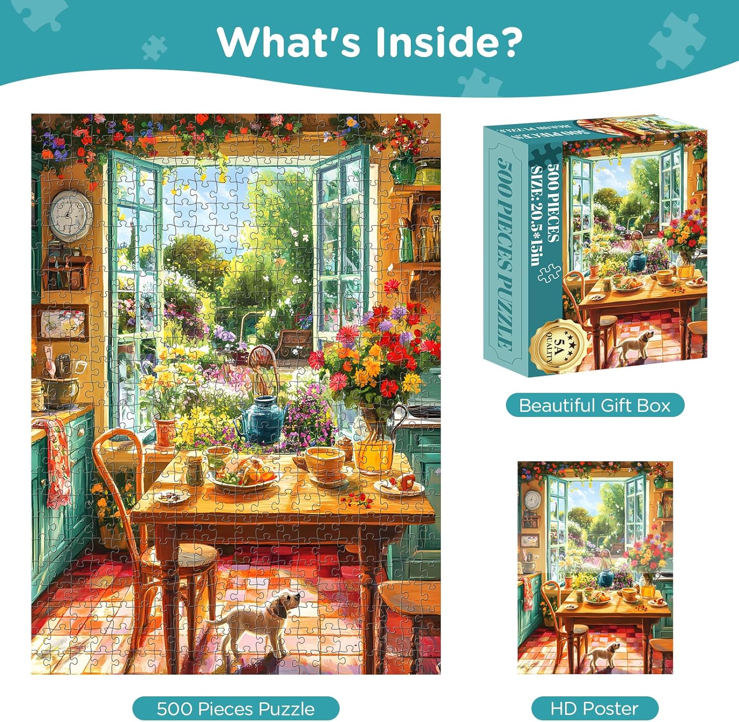 500 Piece Puzzle for Adults, Cozy Kitchen and Garden View Jigsaw Puzzle, Colorful Puzzles with Flowers, Sunshine and Dog, Relaxing Gifts for Adults, Seniors, Finished Size 20.5”x 15”