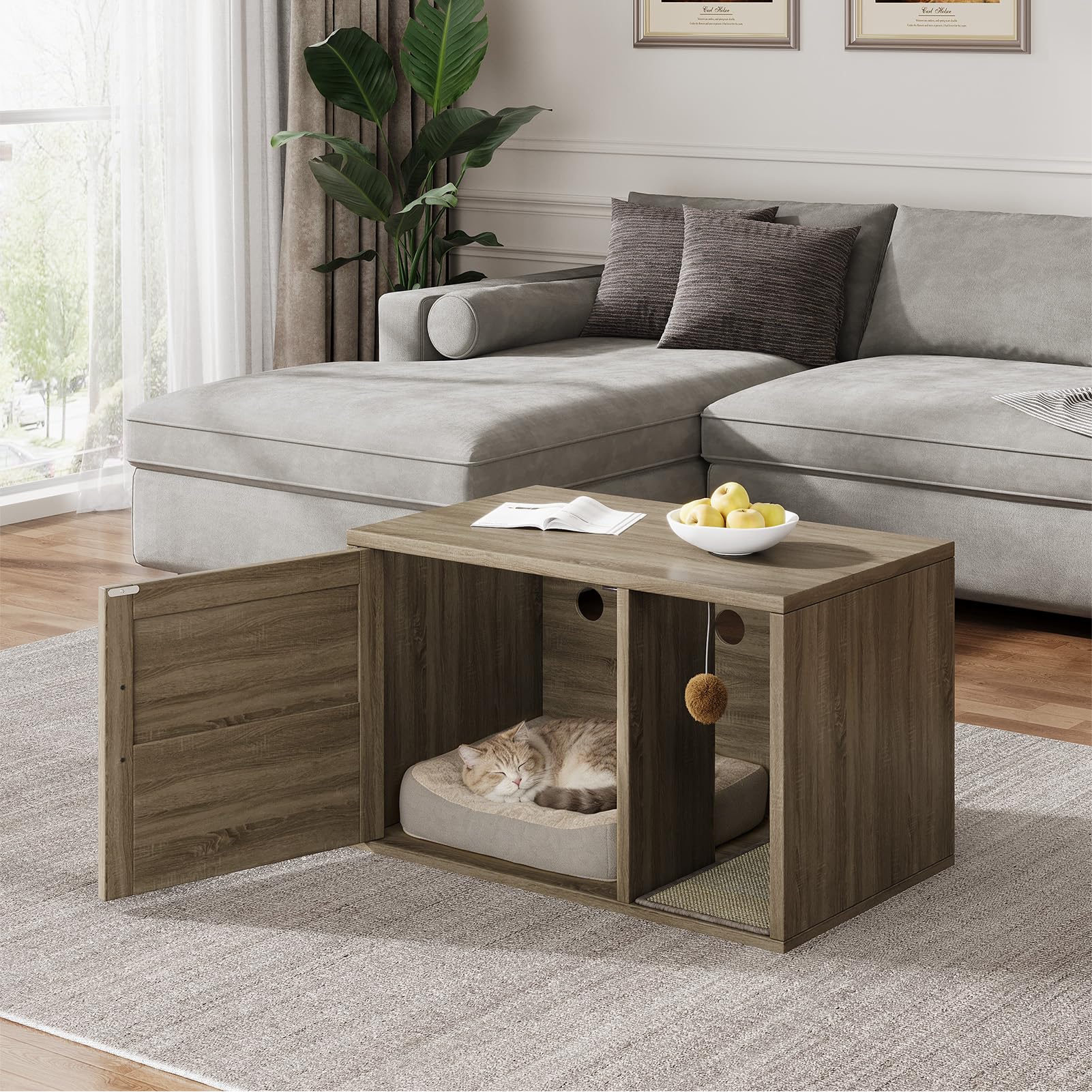 Greensen Cat Litter Box Enclosure, Wooden Cat House Furniture Cabinet Odor Control with Scratching Pad for Living Room Bedroom - image 7