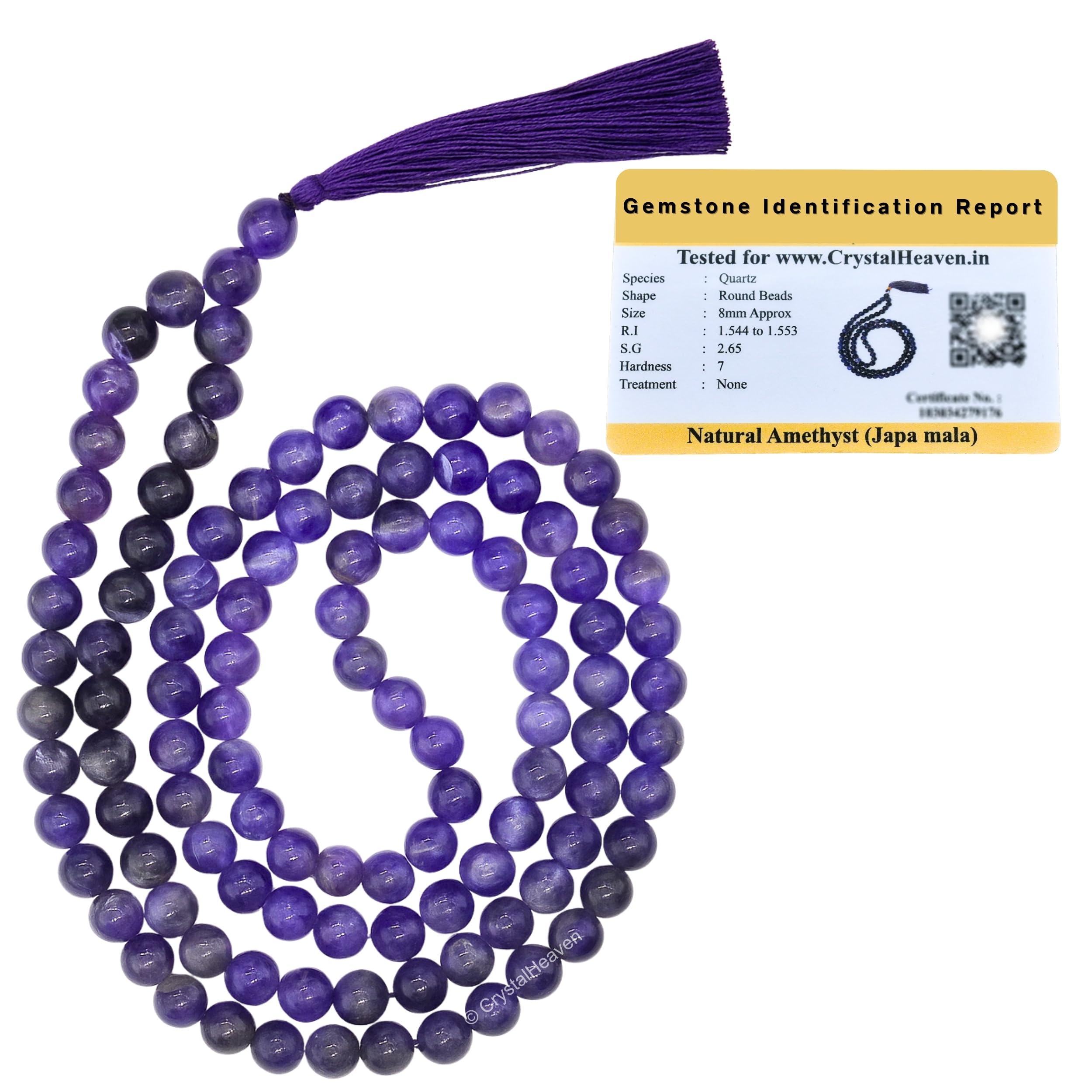 Certified Amethyst Crystal Japa Mala Saadi - 108 Beads Buddhist Prayer Beads - AAA Grade Original Healing Gemstone Agate Mala for Yoga Meditation Spiritual Reiki Feng Shui