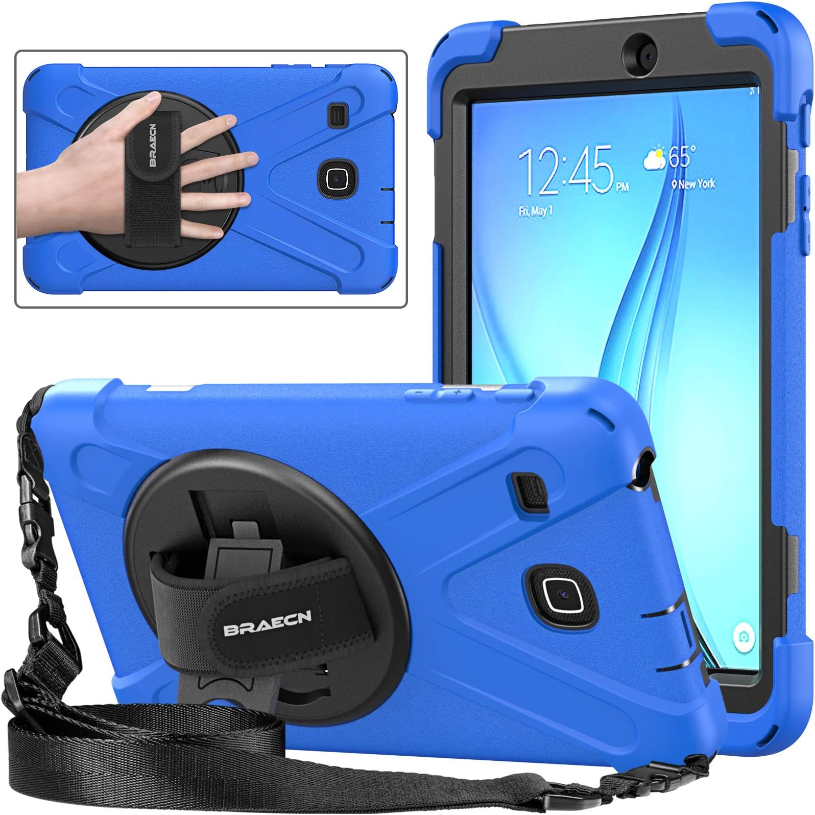 for Samsung Galaxy Tab E 8.0 Case (SM-T375/T377/T378) with 360° Rotating Stand & Hand Strap, Shoulder Strap, Pen Holder, Heavy Duty Shockproof Protective Galaxy Tab E 8.0 Cover, Blue