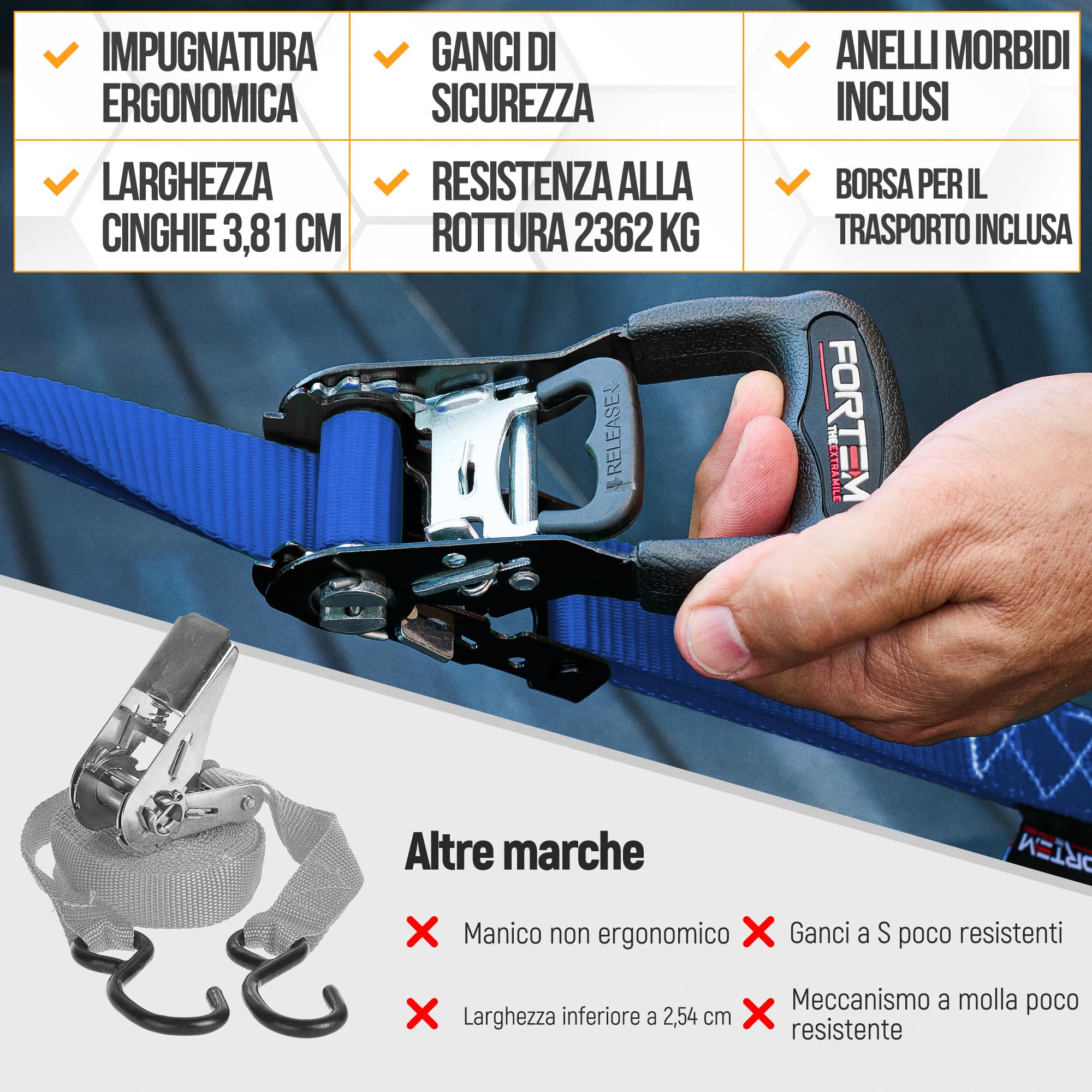 FORTEM Cinghie a Cricchetto, Resistenza fino a 2362 Kg, Set da 4 Cinghie di Fissaggio da 3,05 m, 4 Maniglie Morbide, Cinghie Fissaggio per Moto, Ganci in Metallo Rivestiti, Custodia Inclusa (Blu)