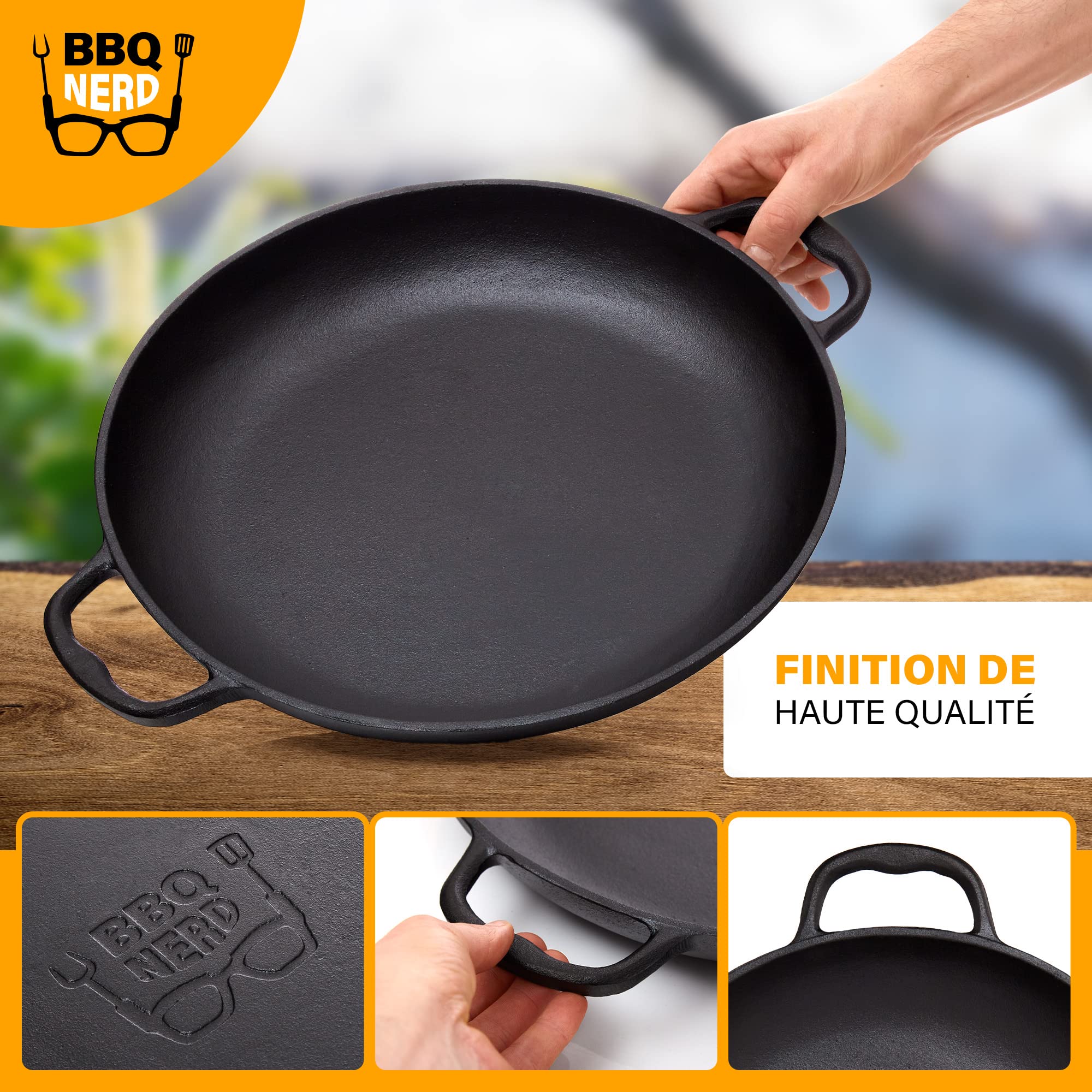 Poêle à paella en fonte Ø 36 cm (6 personnes) Poêle antiadhésive avec fond plat pour paella espagnole traditionnelle - Poêle en fonte pour barbecue - Induction