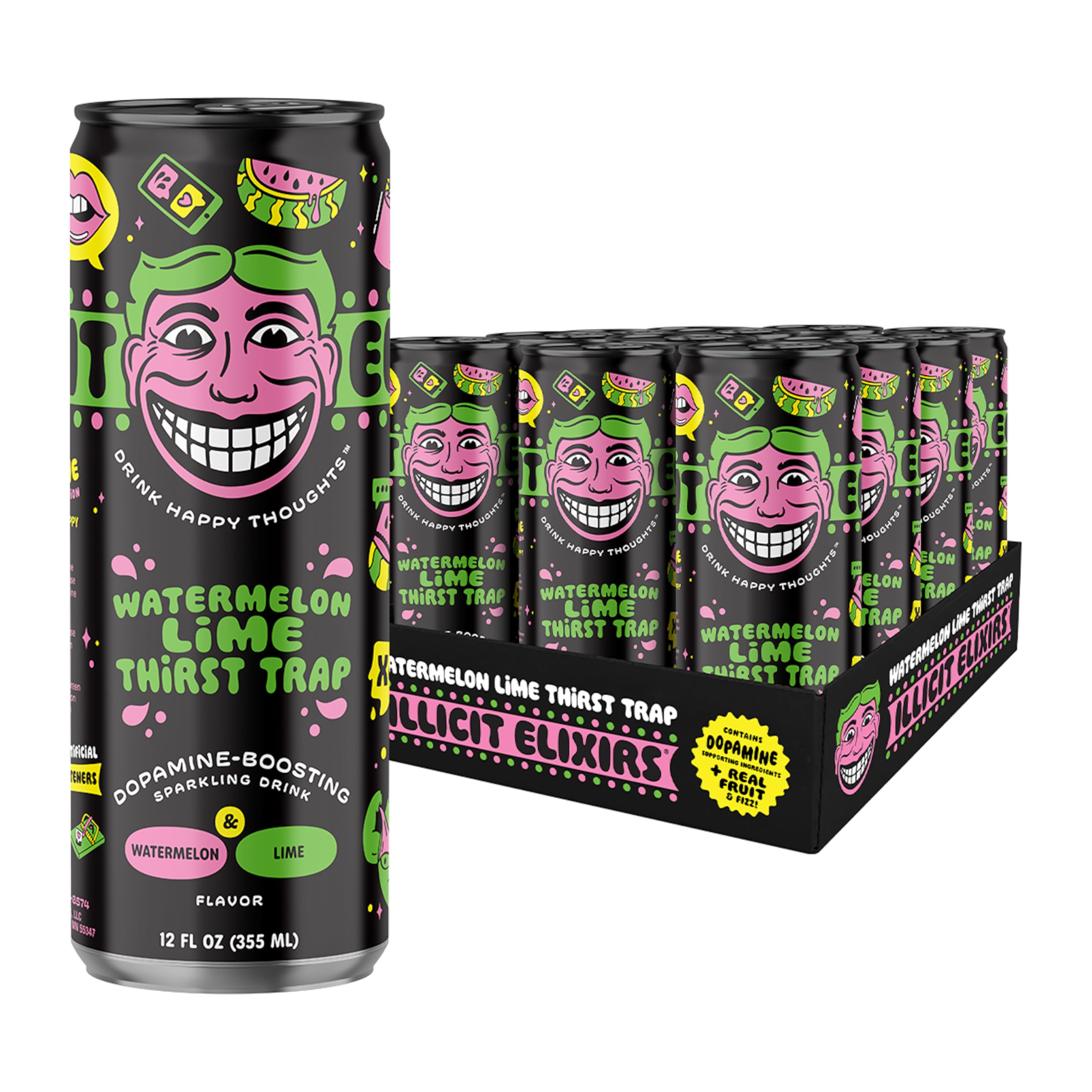 Illicit Elixirs - Sparkling Juice Mocktails with Real Fruit Juices and Functional Amino Acid Blend that Supports Dopamine Production - Non-Alcoholic & Caffeine Free (12 Pack, Watermelon Thirst Trap)
