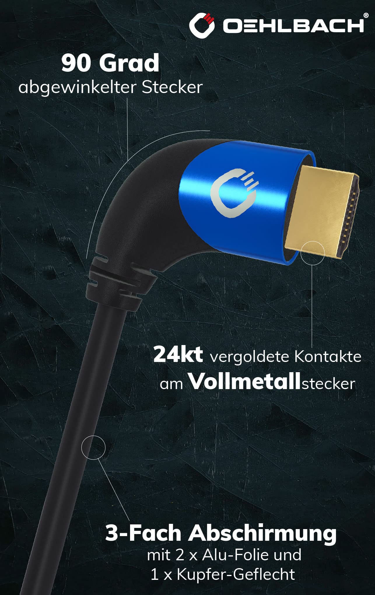 OEHLBACH Shape Magic 90 UHD - 8K Ultra High Speed 2.1 kabel HDMI - certyfikowany 48 Gb/s (złącze kątowe 90 stopni, miedź OFC, 4K przy 120Hz, 8K przy 60Hz, eARC, Dynamic HDR), czarny, 3 m