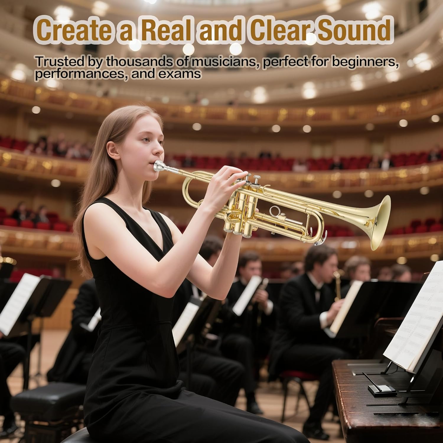 Professional Standard Trumpets Gold Lacquer Brass Instrument for Beginner to Professional, All-Inclusive Kit with Case, Mouthpiece & Cleaning Supplies