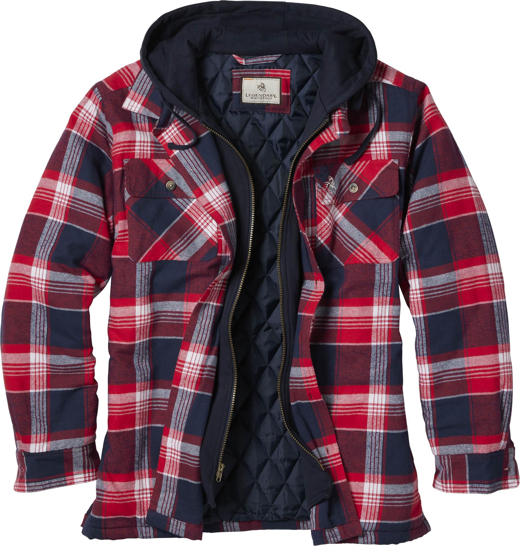 Legendary Whitetails Mens Plaid Flannel Shirt Jacket Quilted with Hood Polyfill Insulated Shacket (Red Rover Plaid, Small)